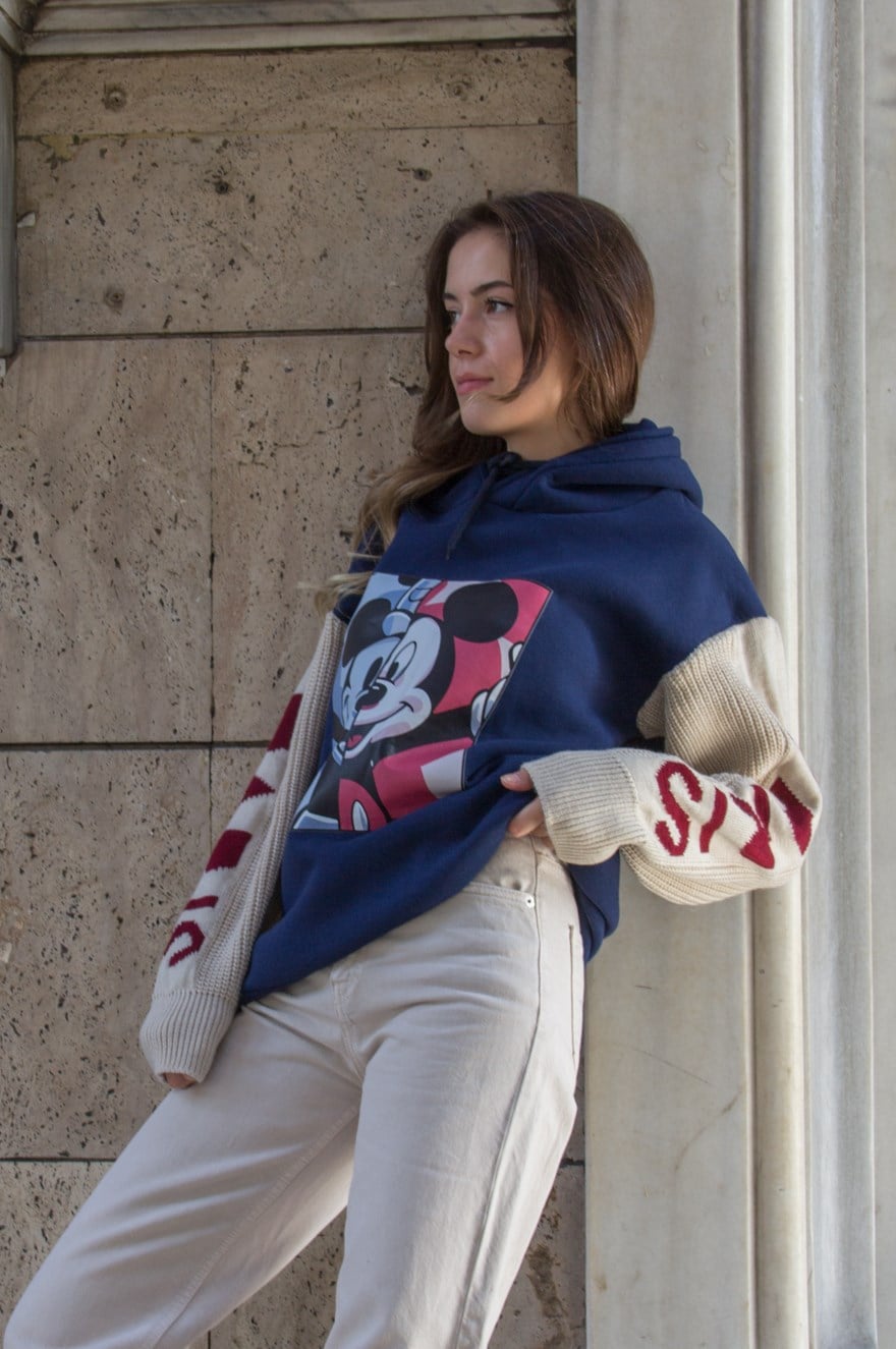 Kolları Örme Baskılı Sweatshirt - Lacivert