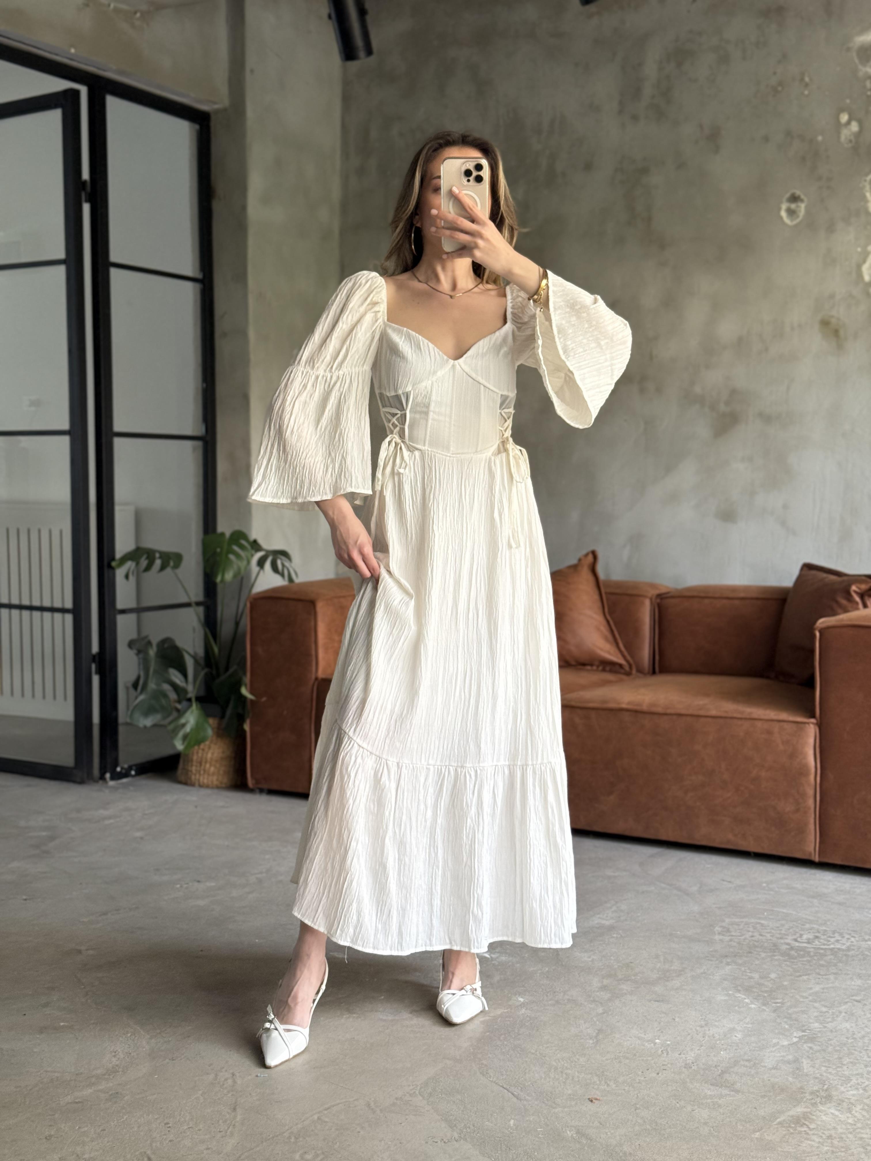 Korseli Maxi Elbise - Beyaz
