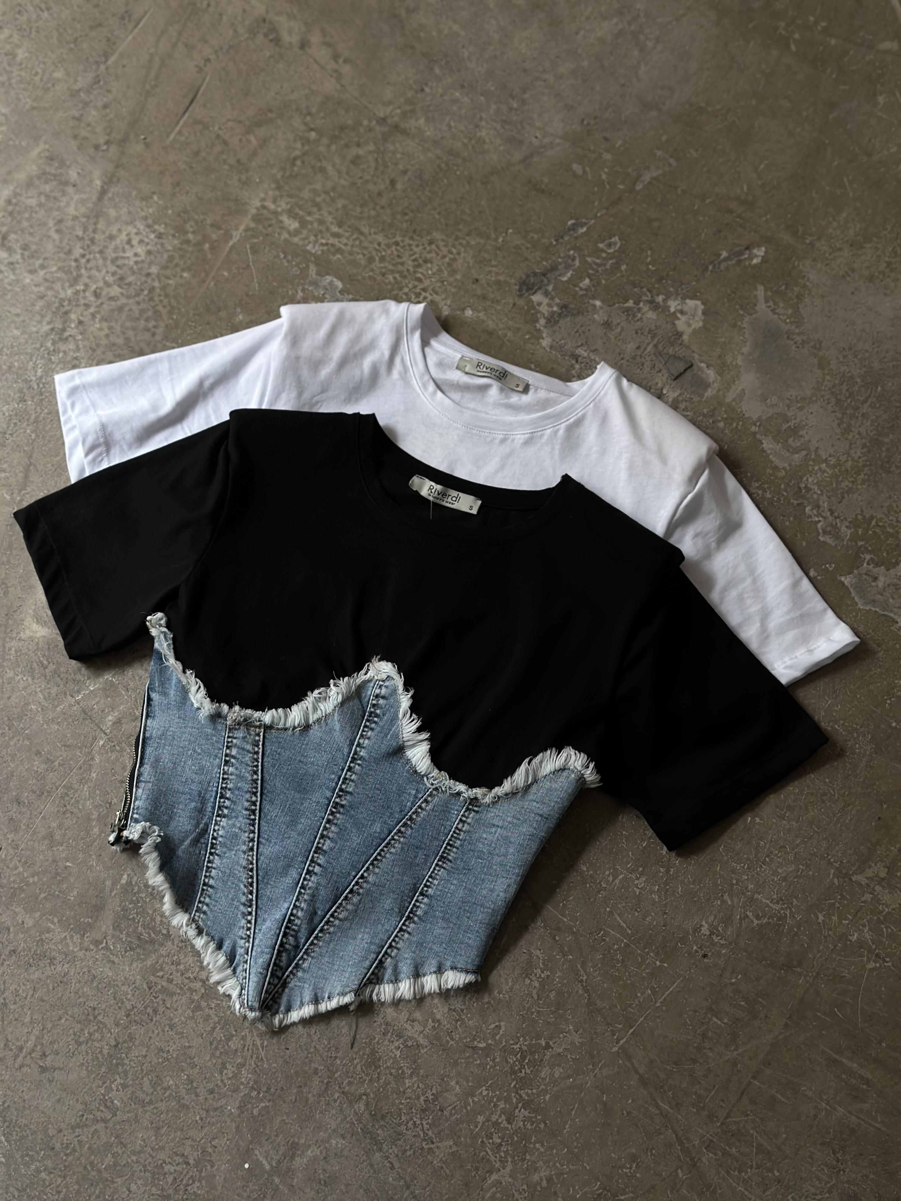 Kot Korseli Vatkalı T-shirt - Siyah