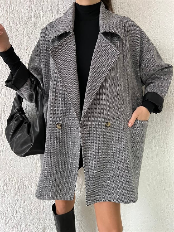 Kruvaze Yaka Oversize Kırçıllı Kaşe Ceket