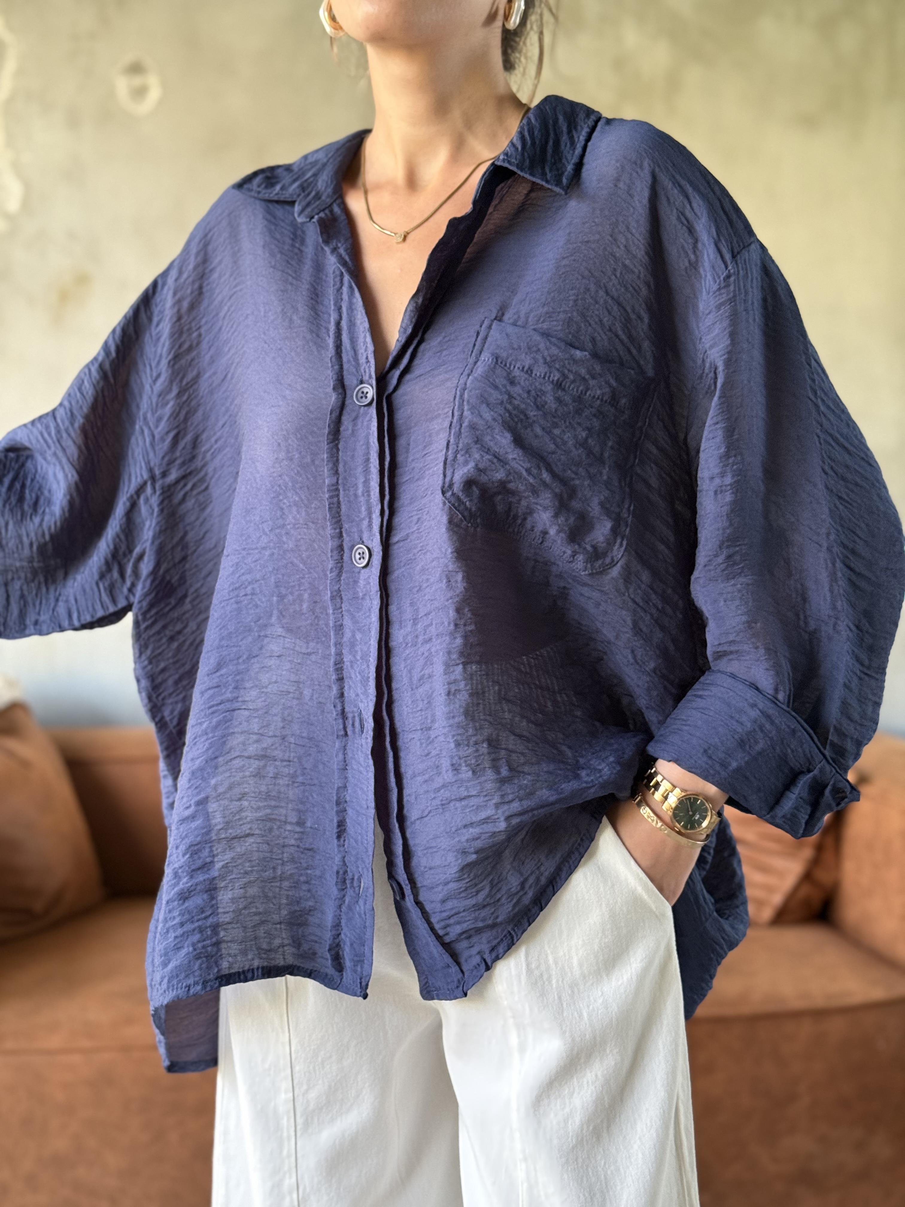 Lacivert Oversize Şifon Gömlek