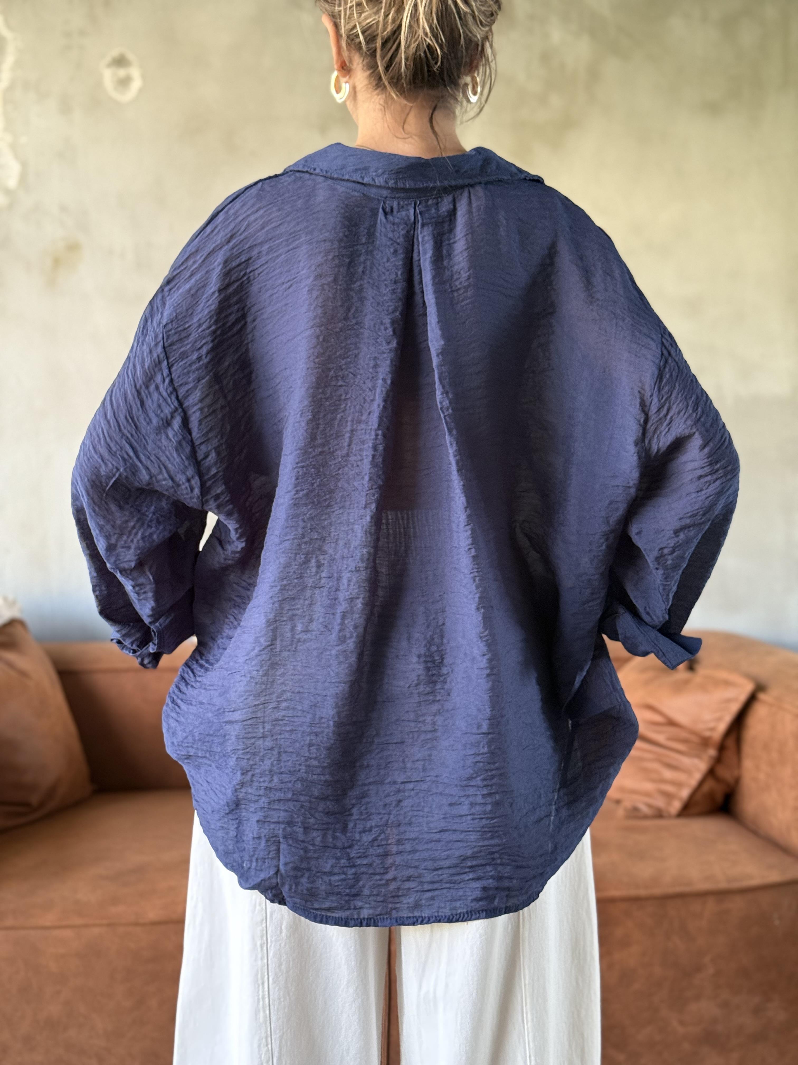 Lacivert Oversize Şifon Gömlek