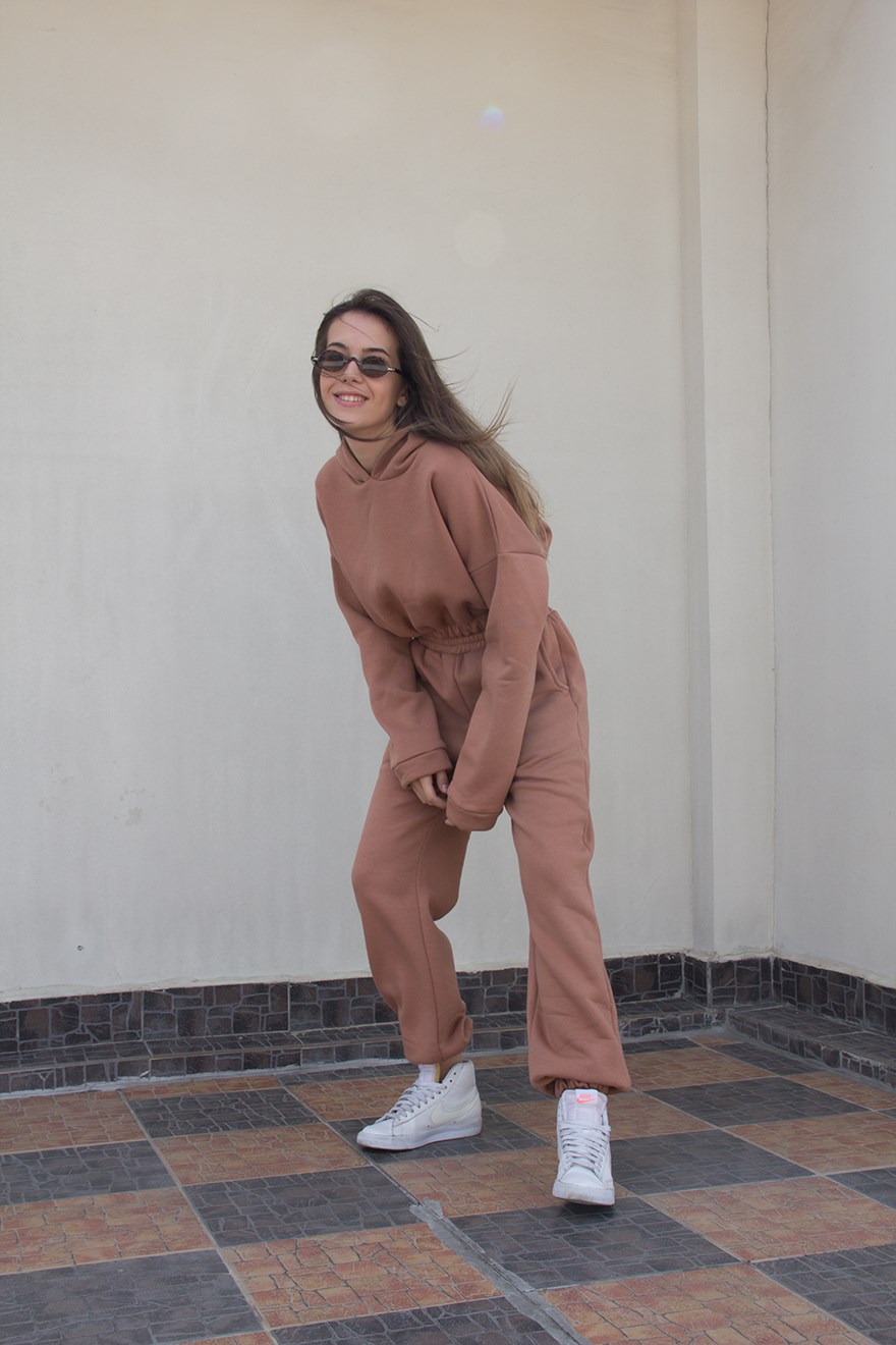 Lastik Detaylı Şardonlu  Eşofman Takımı - Camel