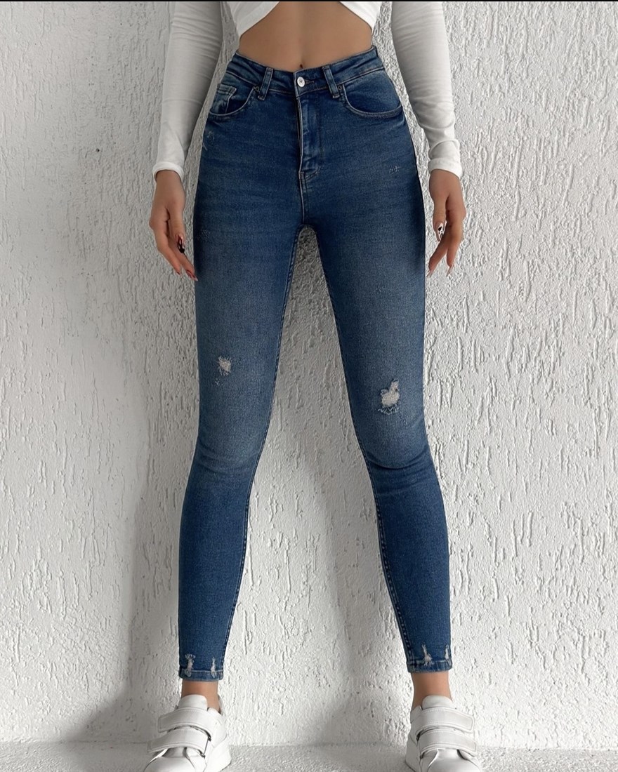 Lazer Kesikli Yüksek Bel Skinny Jean -Orta Ton