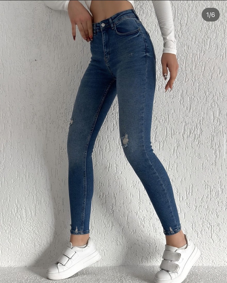 Lazer Kesikli Yüksek Bel Skinny Jean -Orta Ton