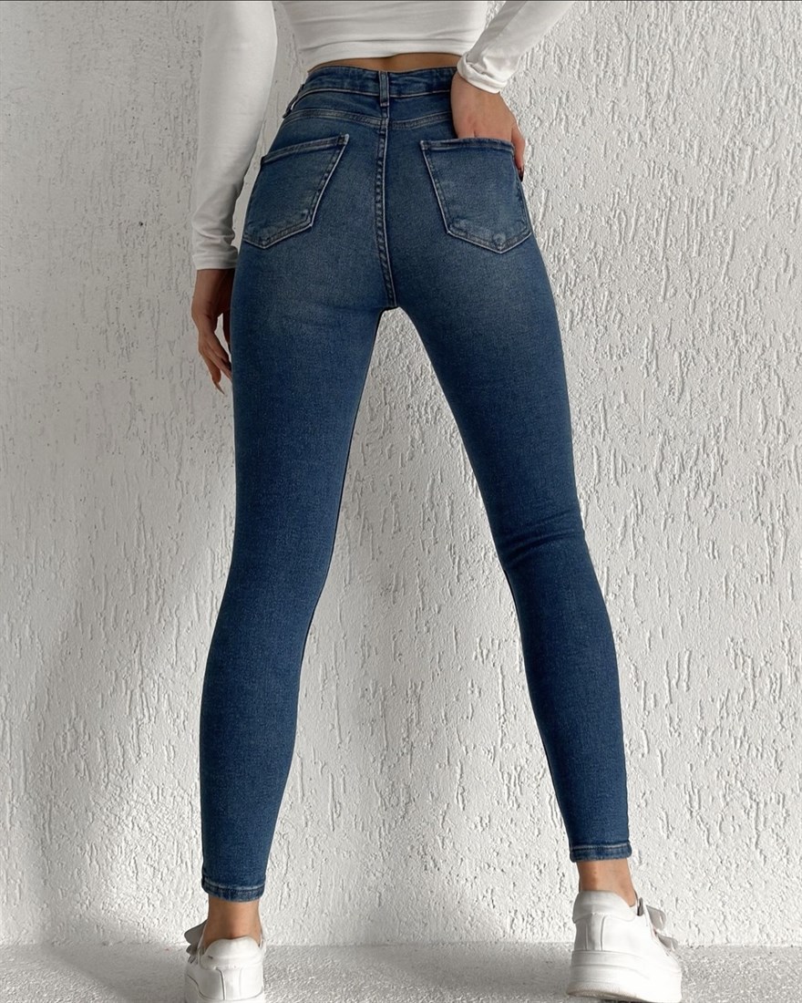 Lazer Kesikli Yüksek Bel Skinny Jean -Orta Ton