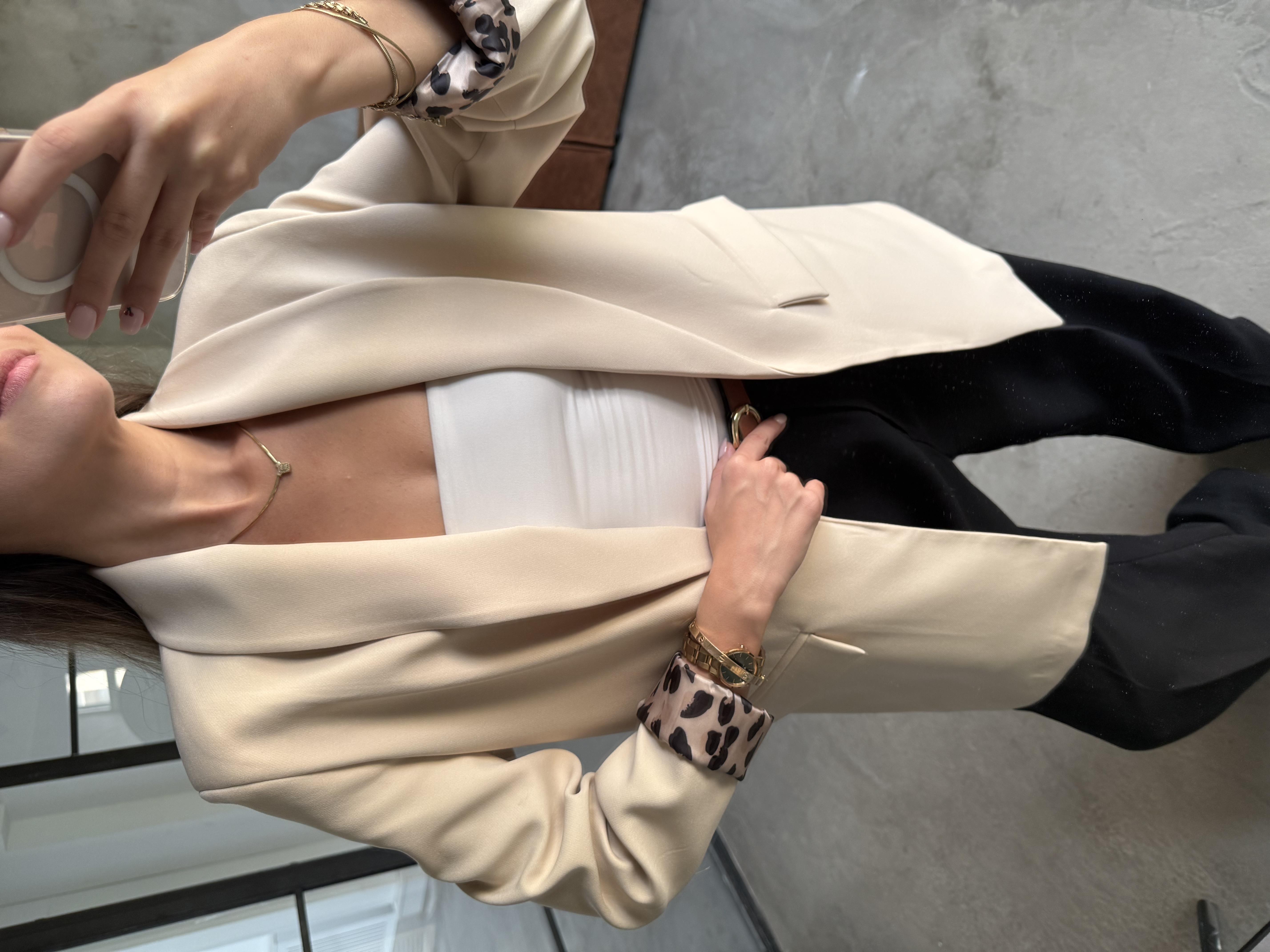 Leopar Astarlı Şal Yaka Premium Krep Blazer Ceket - Krem