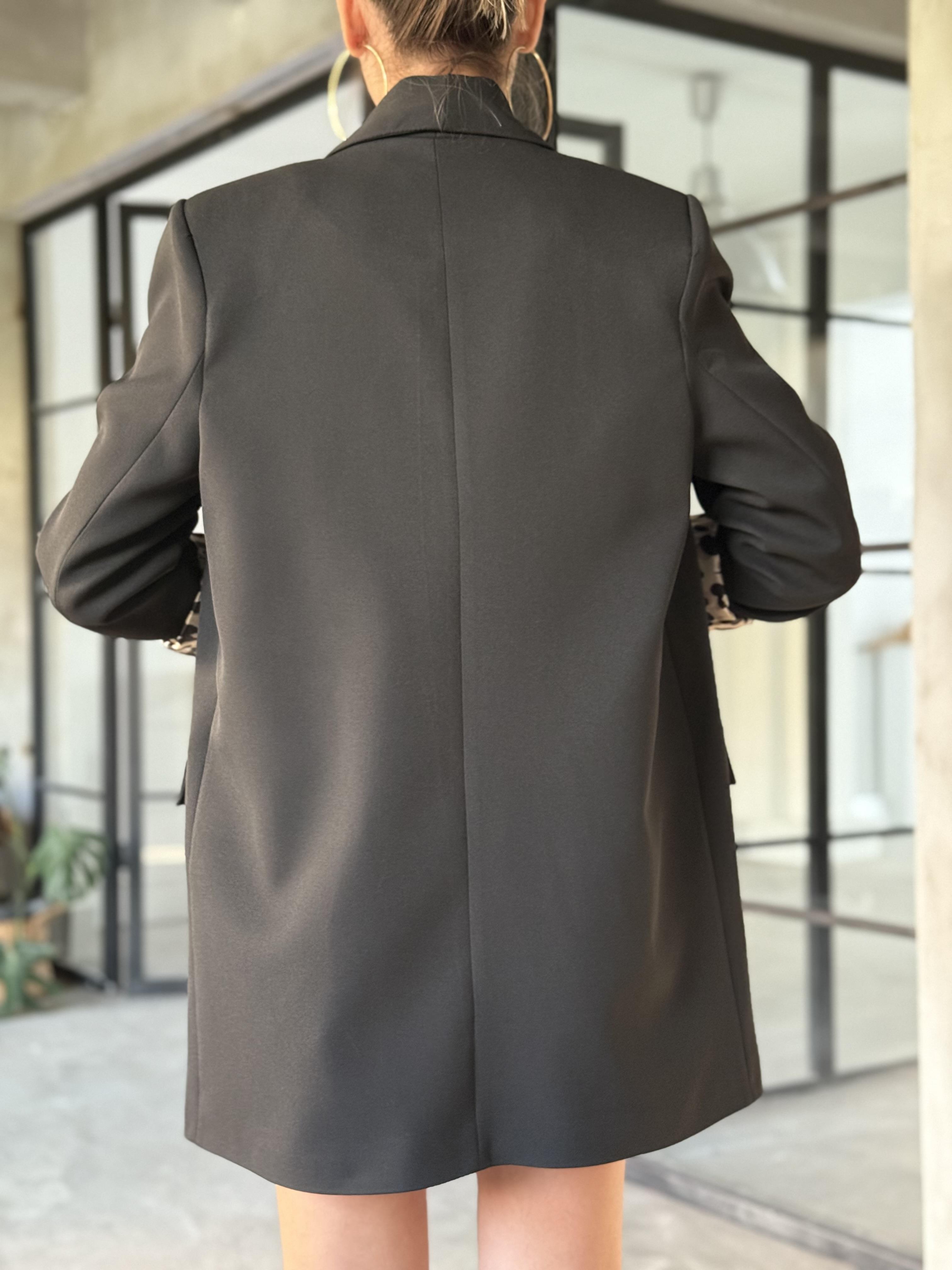 Leopar Astarlı Şal Yaka Premium Krep Blazer Ceket - Siyah