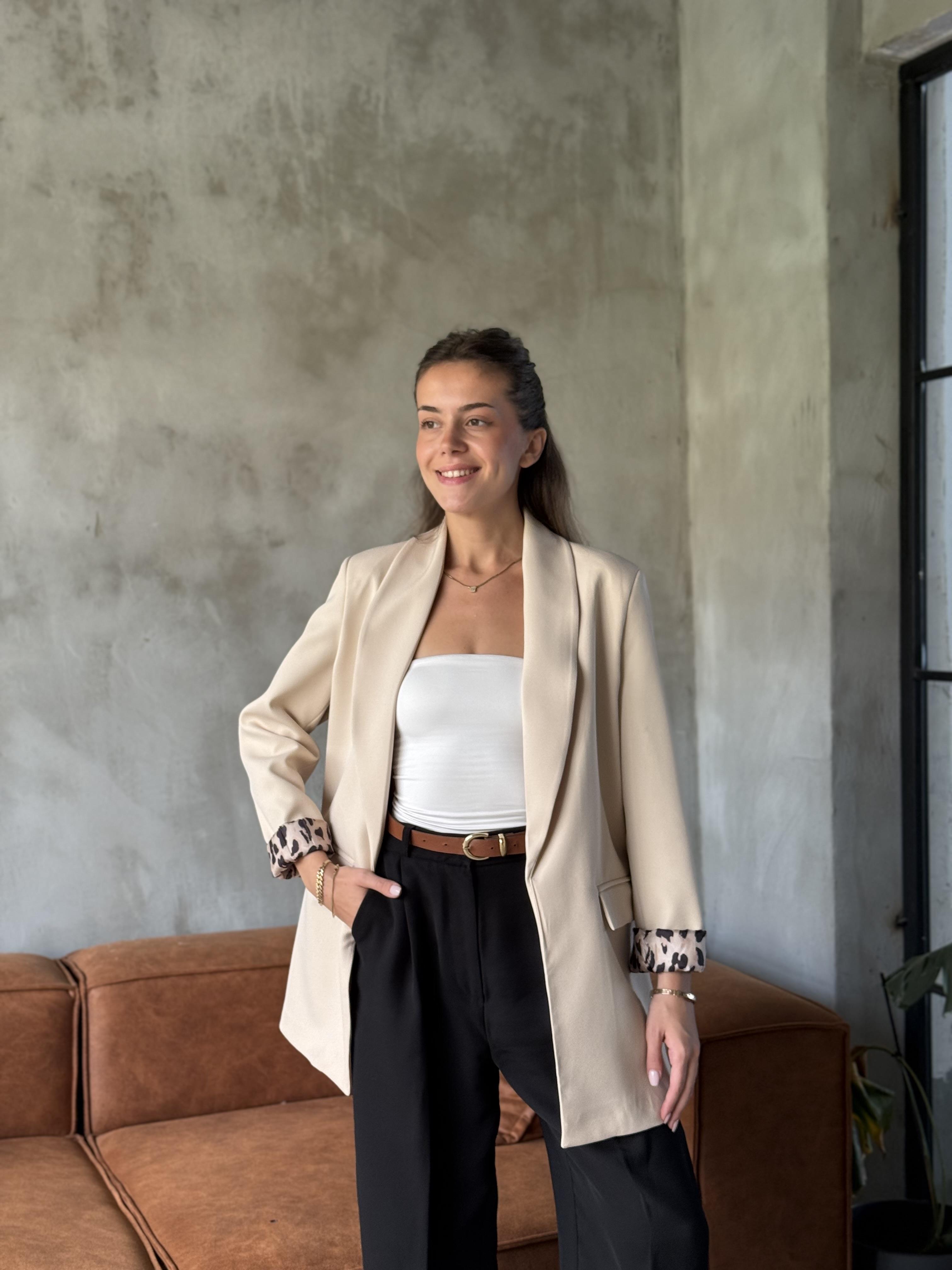 Leopar Astarlı Şal Yaka Premium Krep Blazer Ceket - Krem