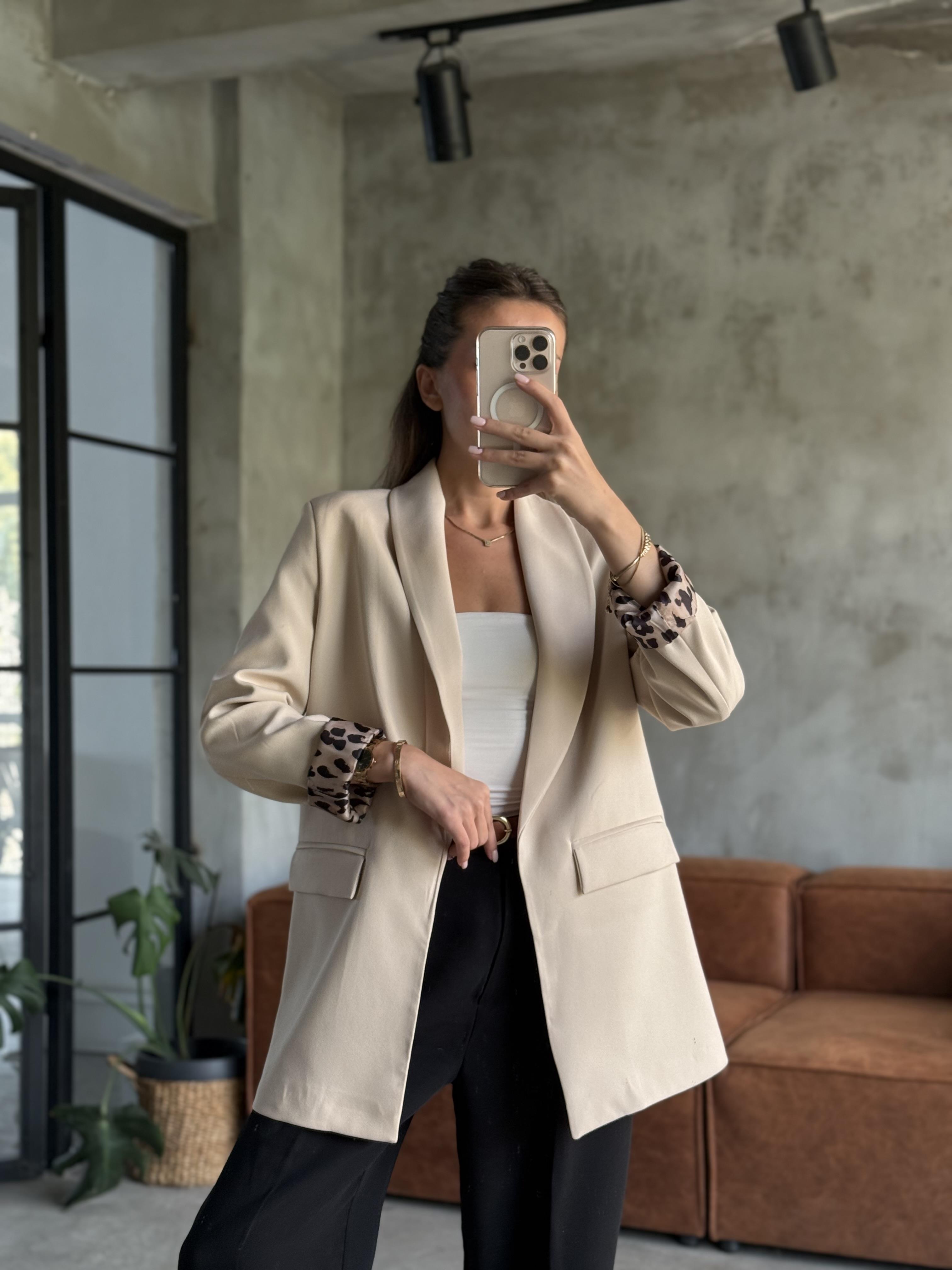 Leopar Astarlı Şal Yaka Premium Krep Blazer Ceket - Krem