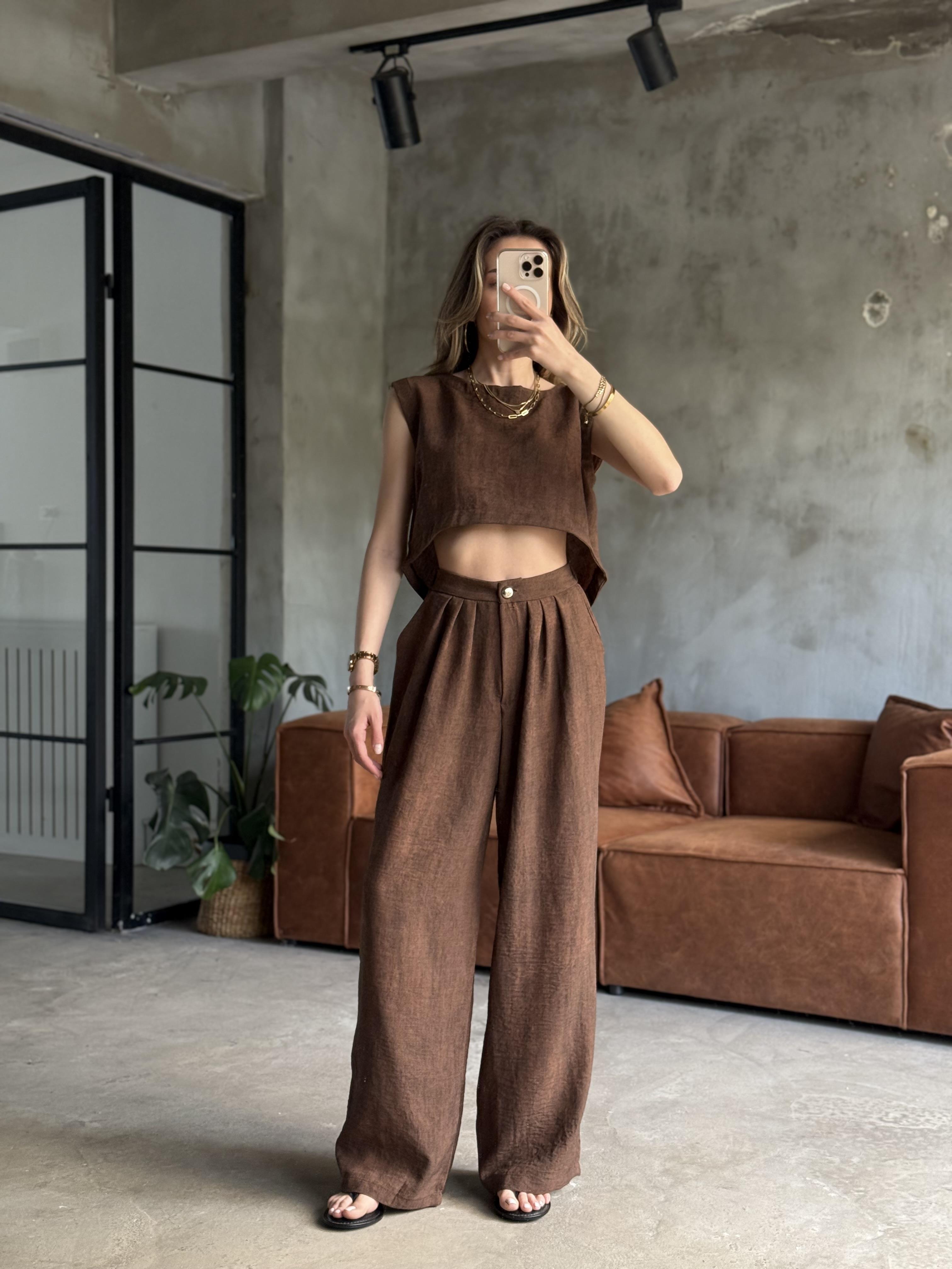 Lily Keten Karışımlı Takım - Kahverengi