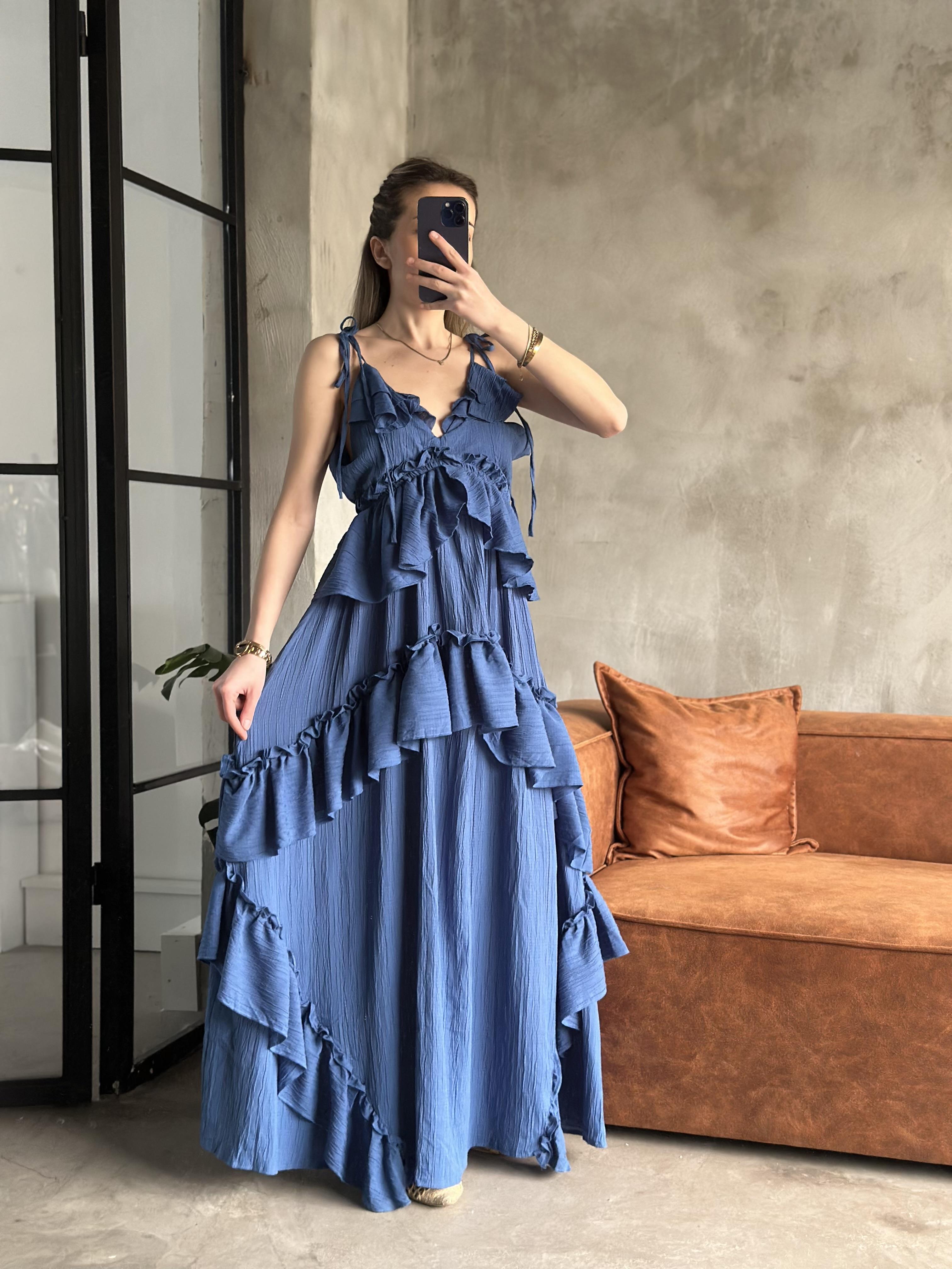 Linda Fırfırlı Gofre Elbise Saks