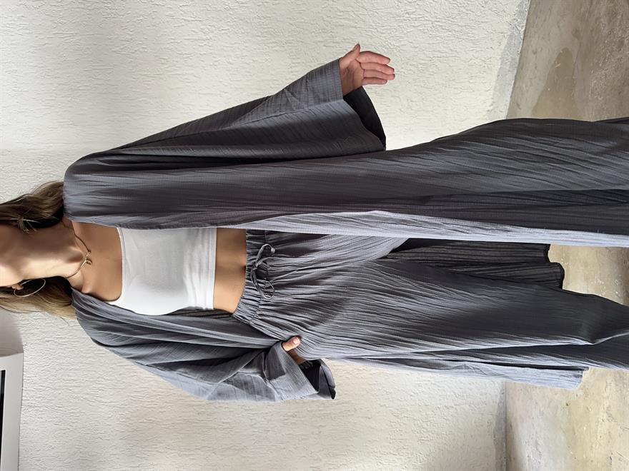 Heny Maxi Kimono Gofre Takım - Gri