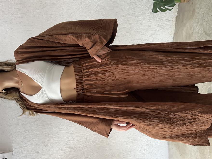 Maxi Kimono Gofre Takım - Kahverengi