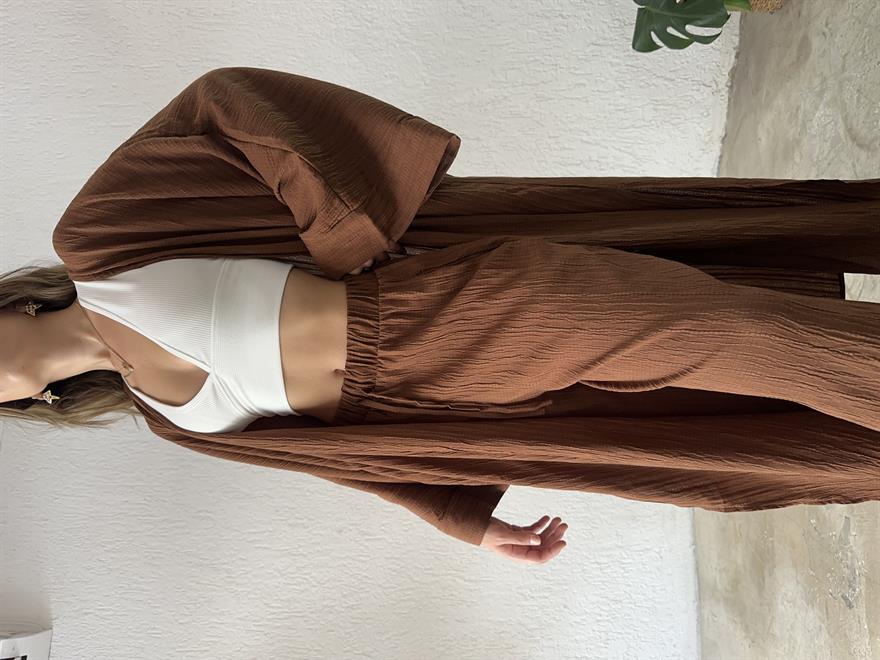 Maxi Kimono Gofre Takım - Kahverengi