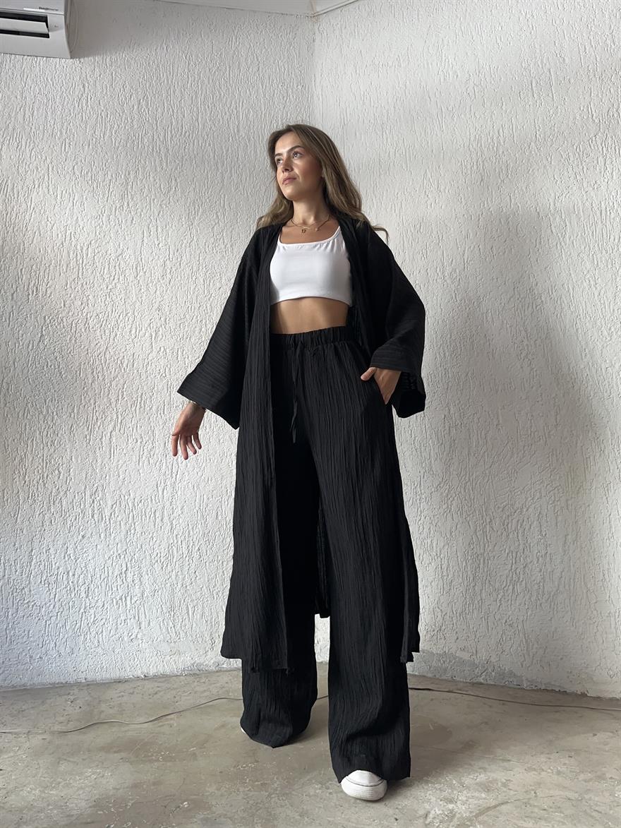 Heny Maxi Kimono Gofre Takım - Siyah