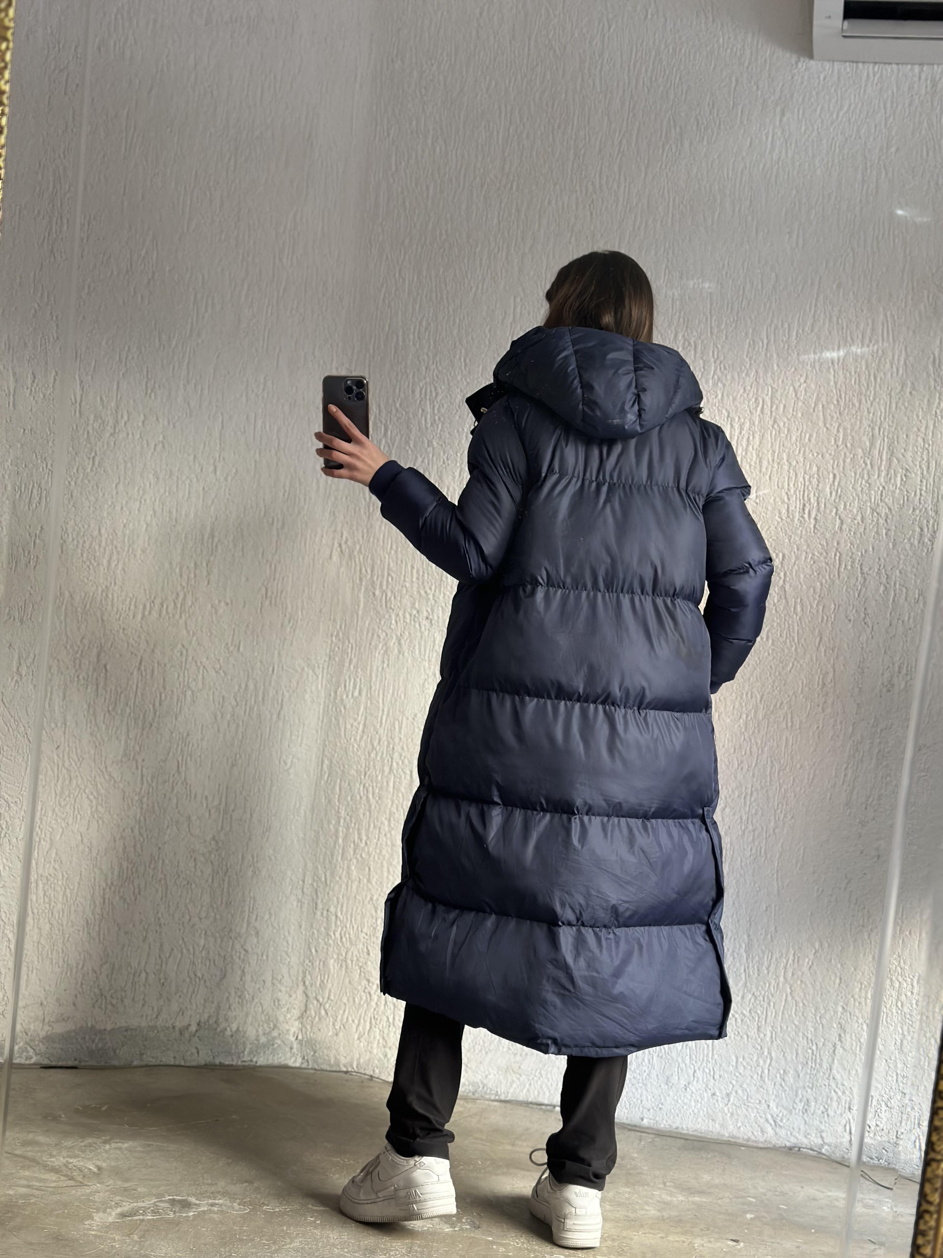 Maxi Uzun Çıtçıtlı Şişme Mont - Lacivert