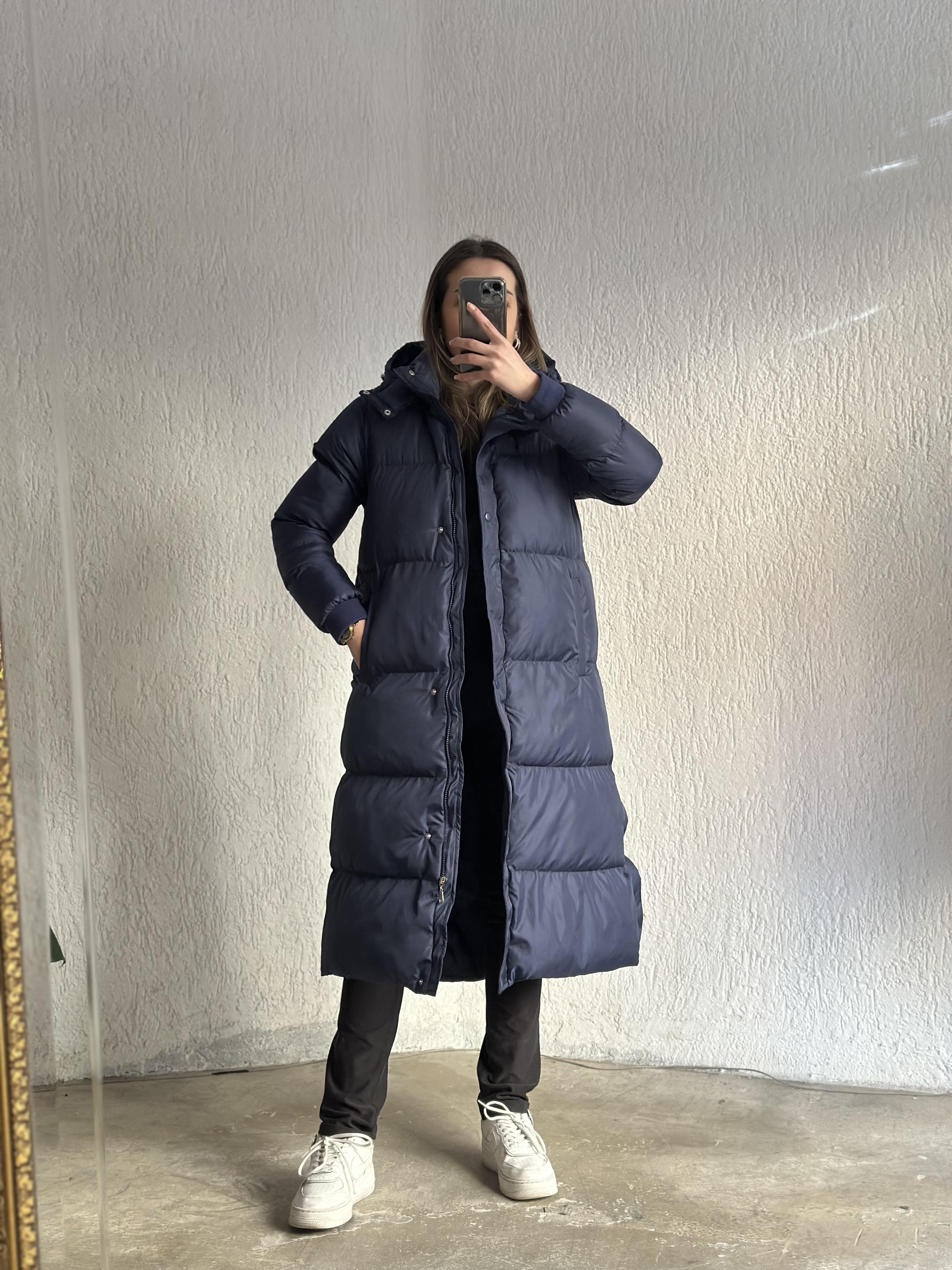 Maxi Uzun Çıtçıtlı Şişme Mont - Lacivert