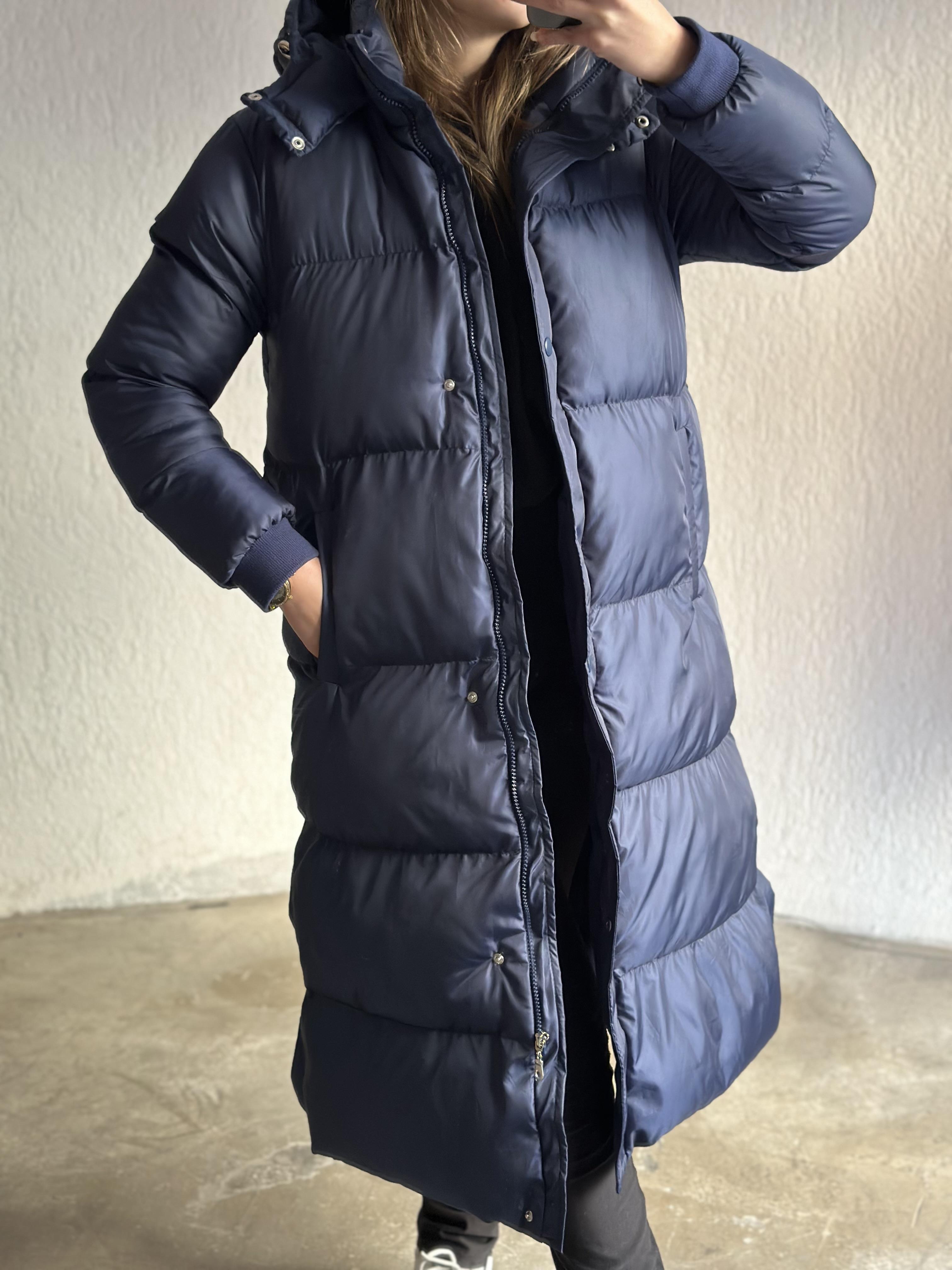 Maxi Uzun Çıtçıtlı Şişme Mont - Lacivert