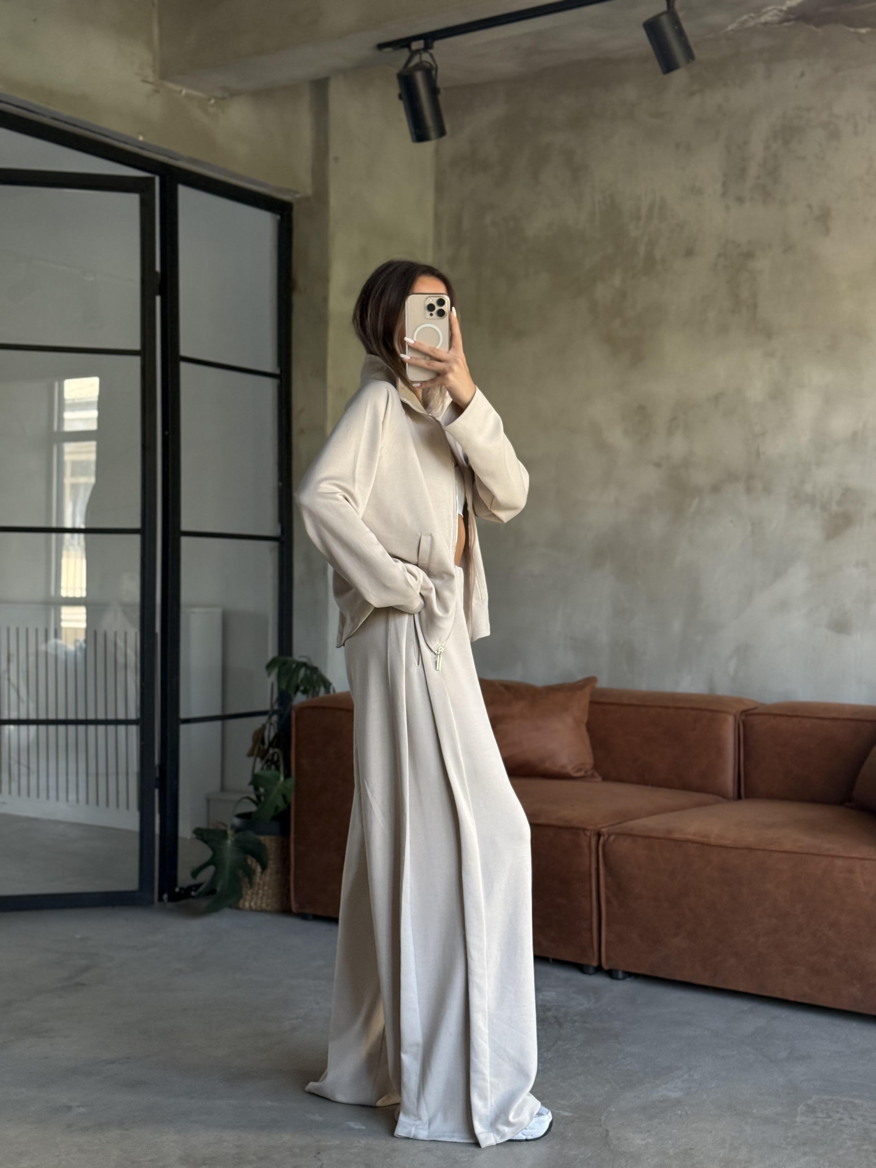 Modal Pilili Ceket Pantolon Takım - Bej