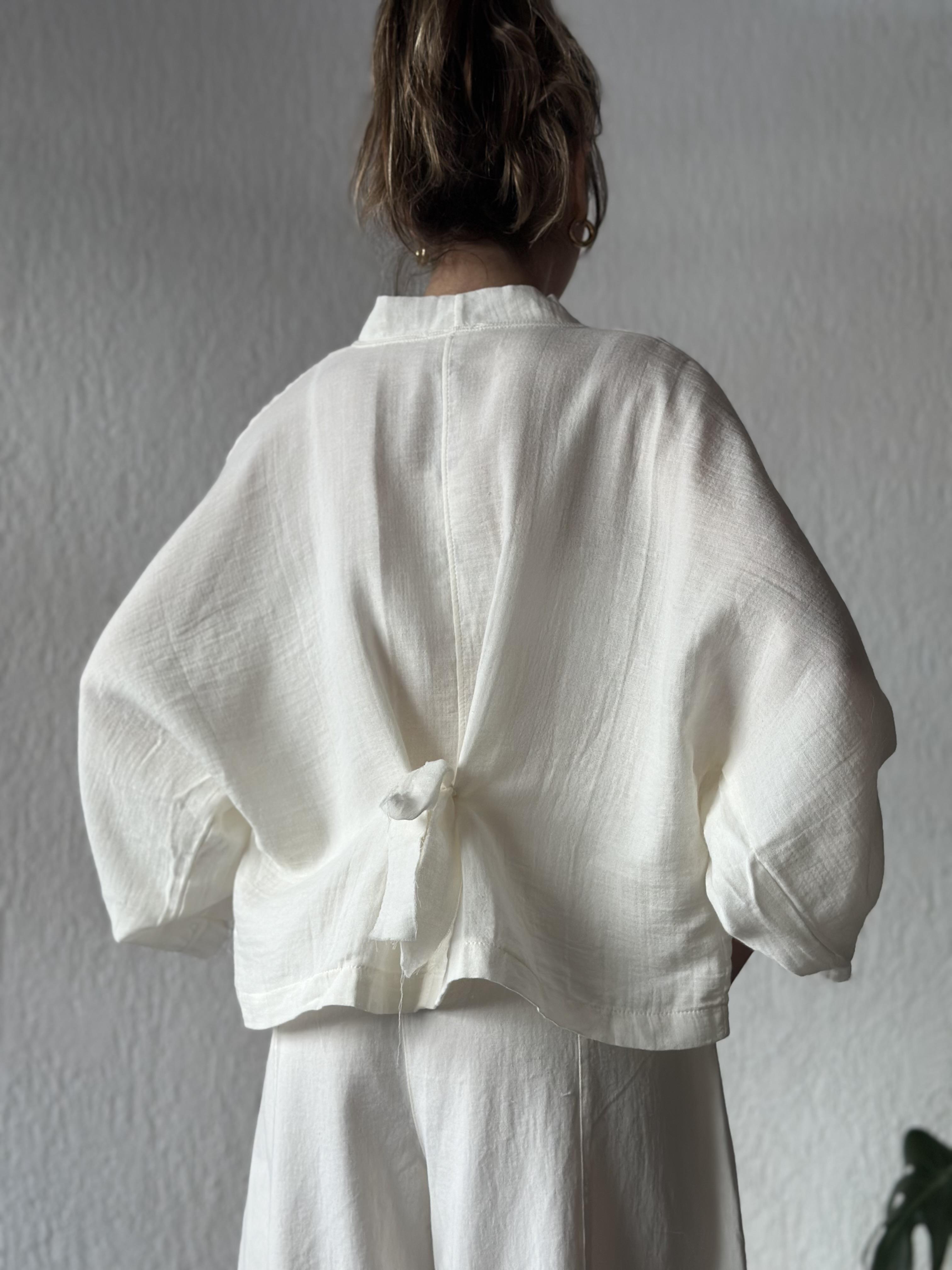 Müslin Bel Bağlamalı Oversize Ceket - Beyaz