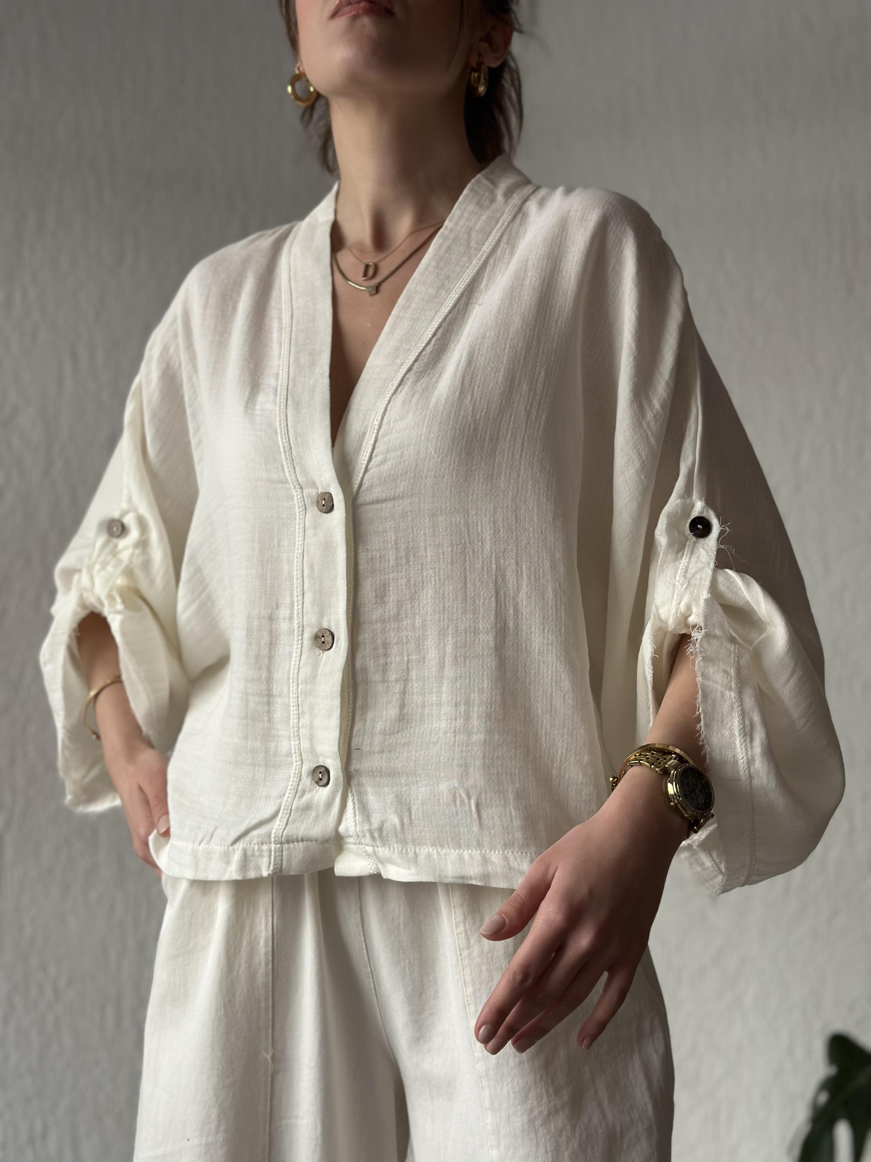 Müslin Bel Bağlamalı Oversize Ceket - Beyaz