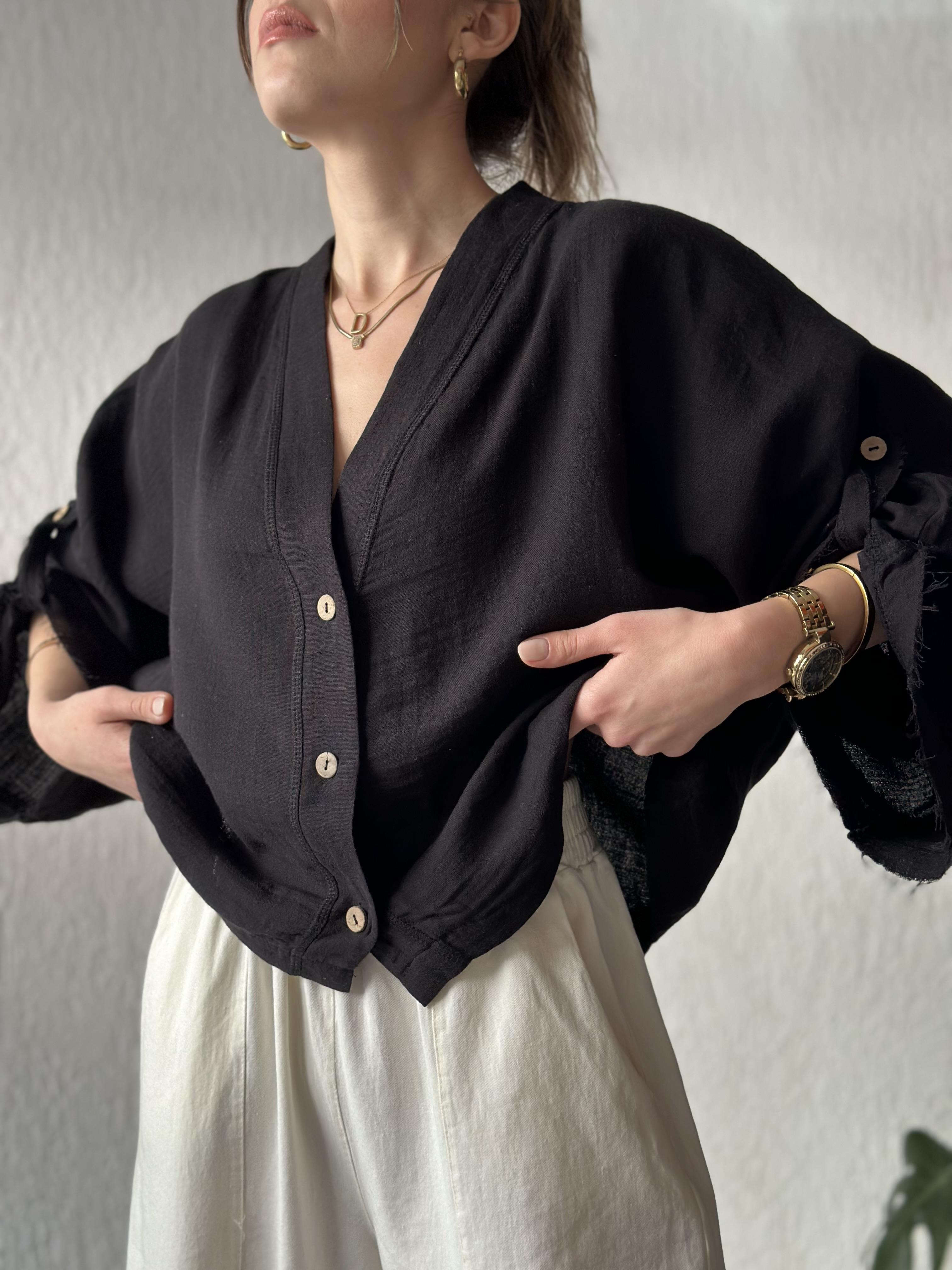 Müslin Bel Bağlamalı Oversize Ceket - Siyah