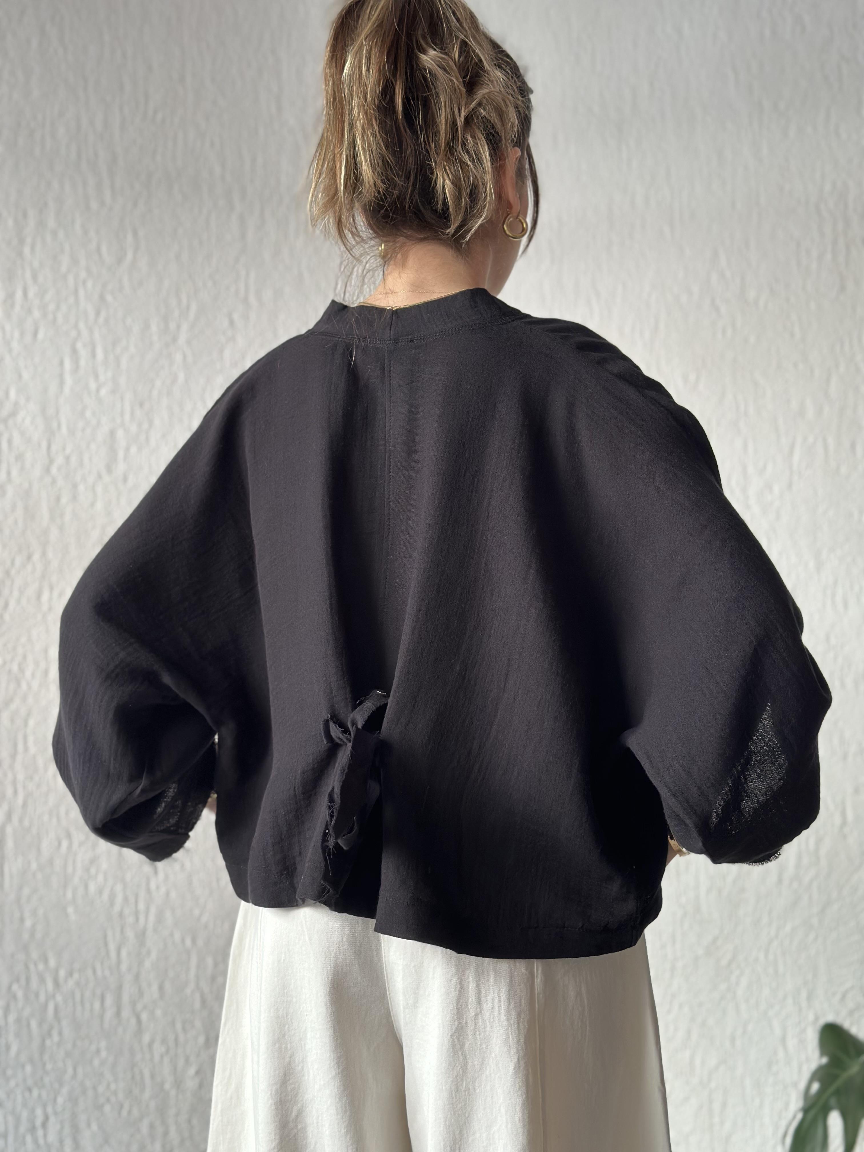 Müslin Bel Bağlamalı Oversize Ceket - Siyah