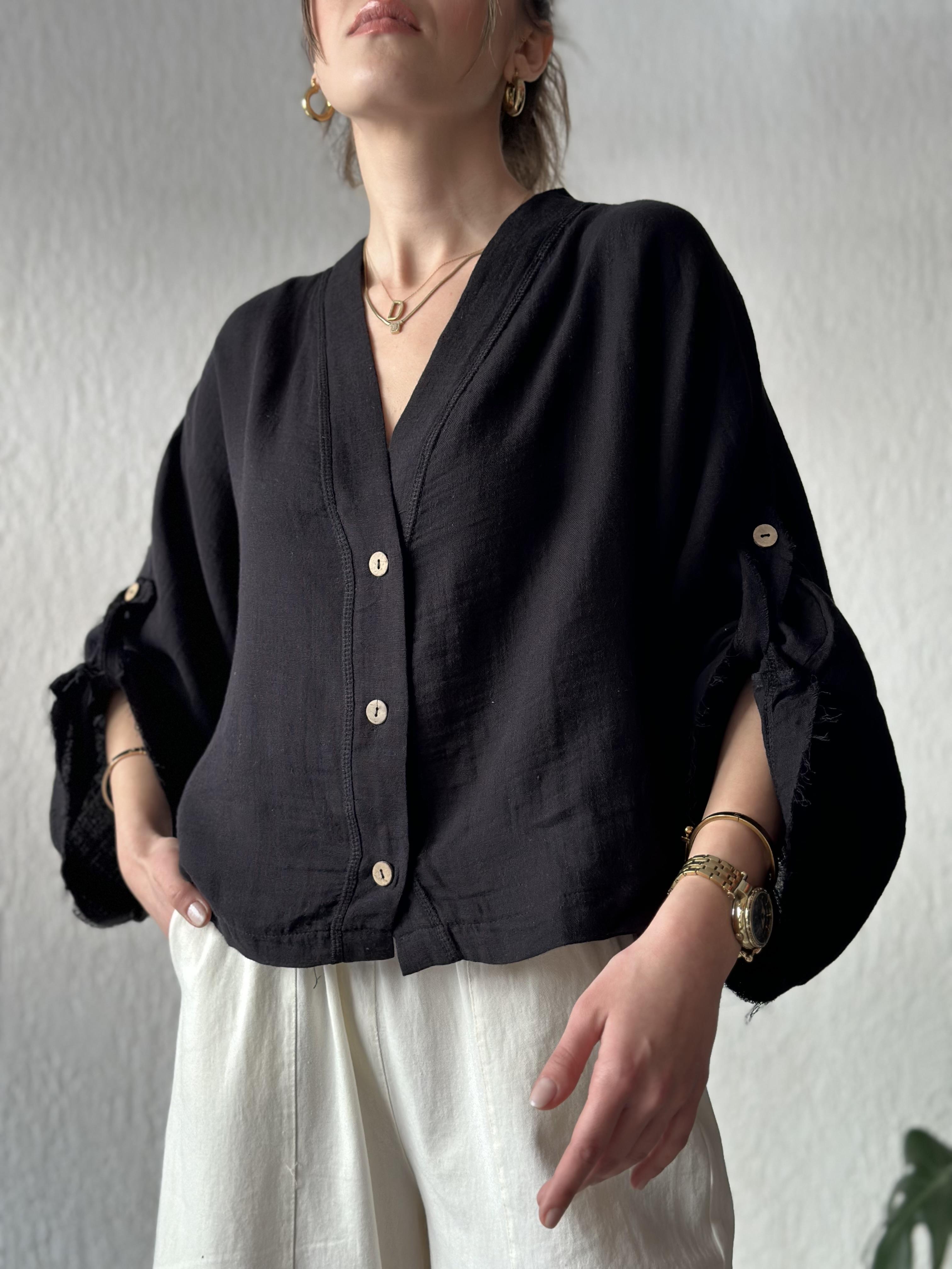 Müslin Bel Bağlamalı Oversize Ceket - Siyah