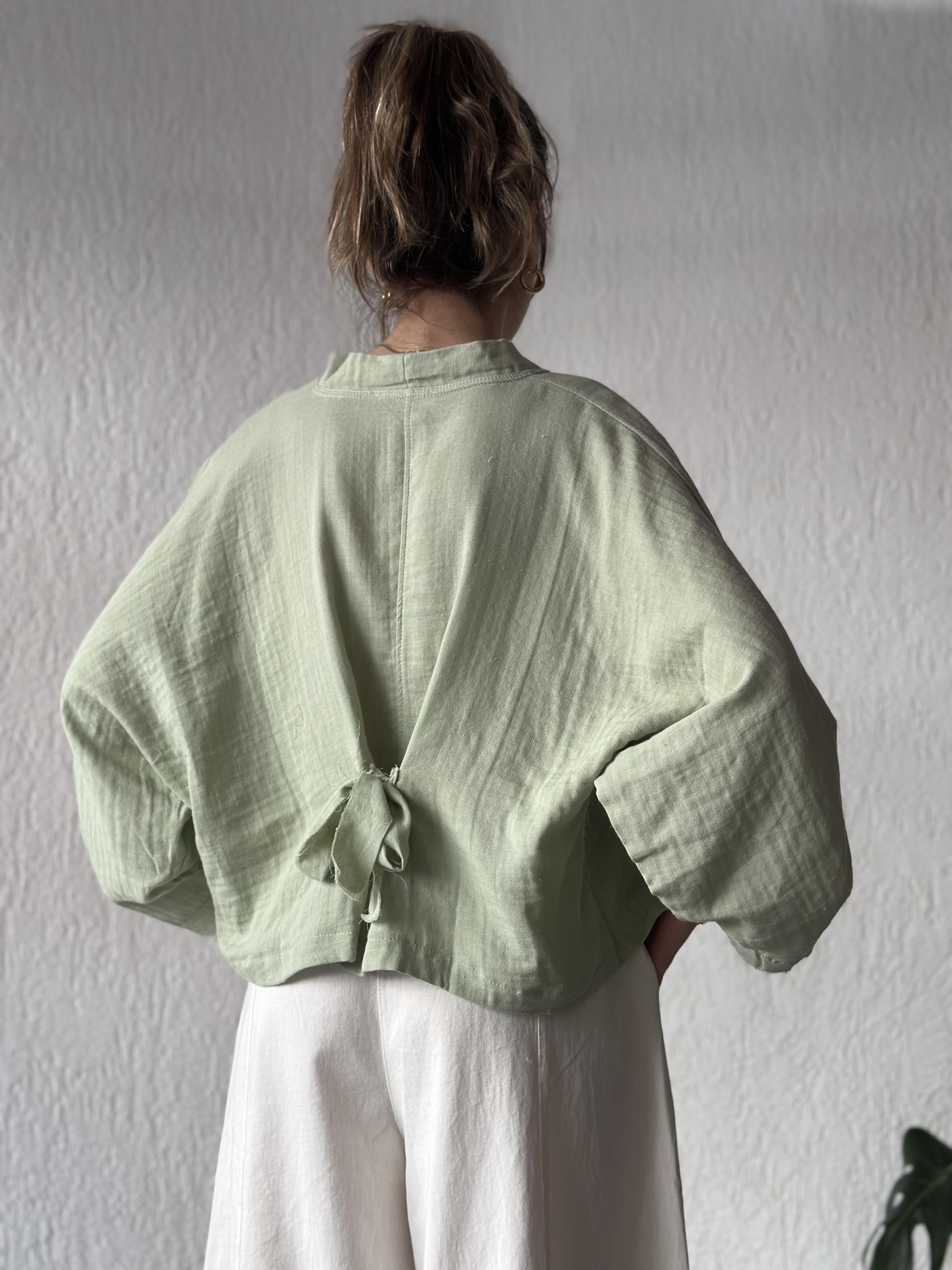 Müslin Bel Bağlamalı Oversize Ceket - Yeşil