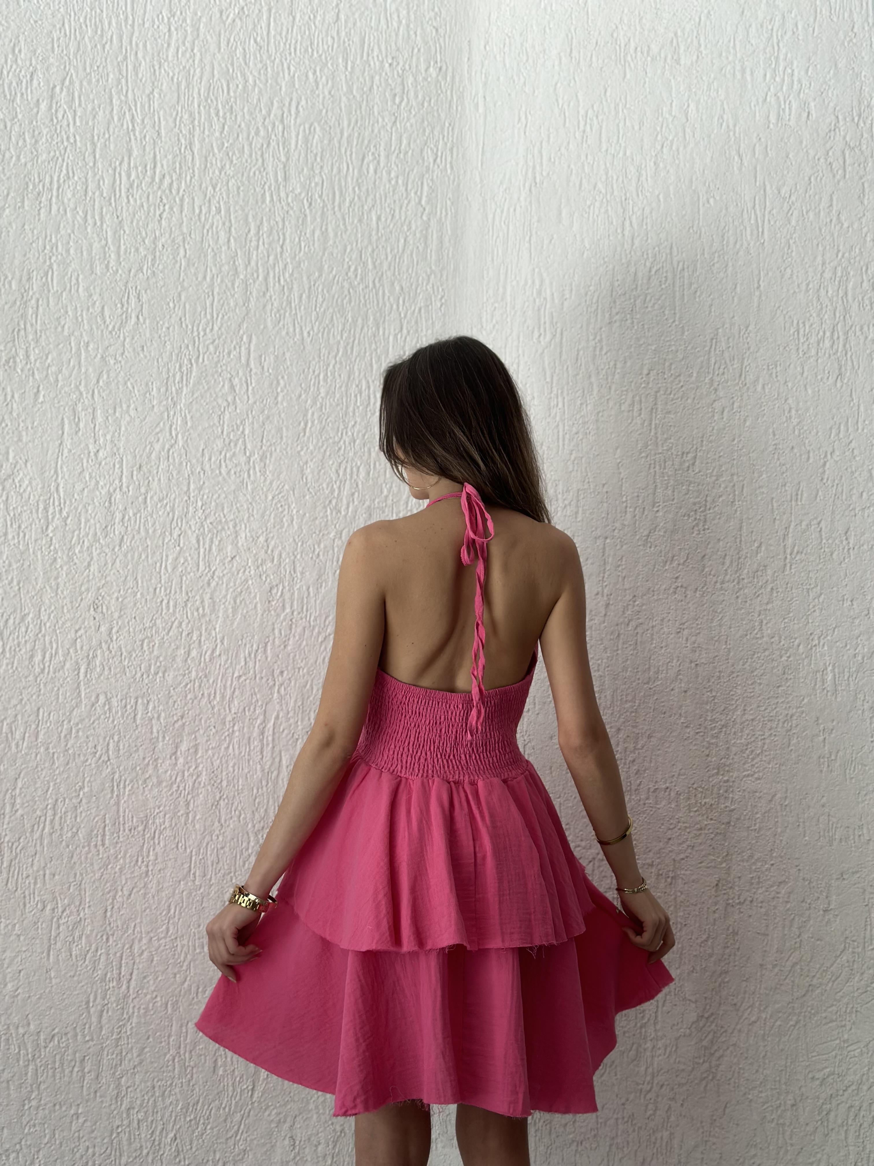 Müslin Boyundan Bağlamalı Katlı Elbise - Pembe