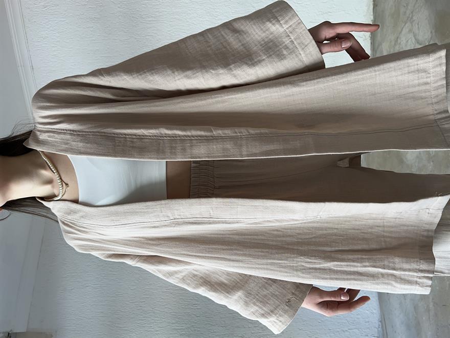 Müslin Kumaş Kimono - Pantolon İkili Takım Bej