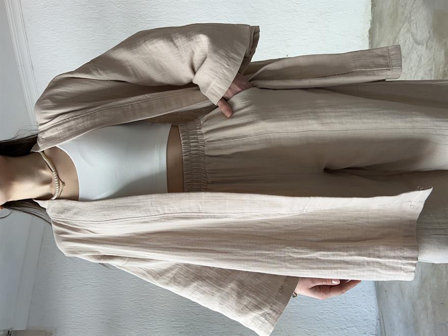 Müslin Kumaş Kimono - Pantolon İkili Takım Bej