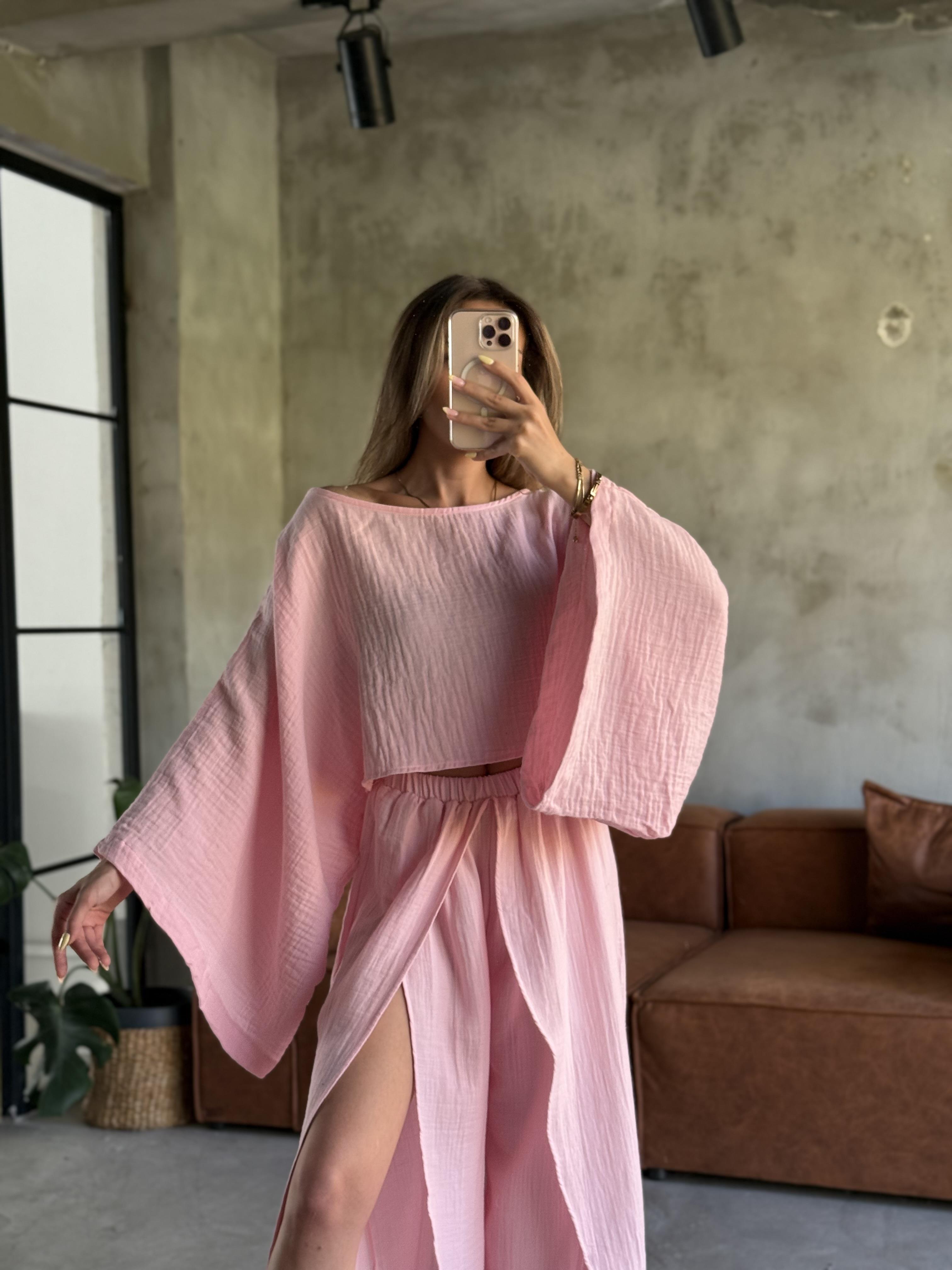 Müslin Yırtmaçlı Salaş Takım - Pembe