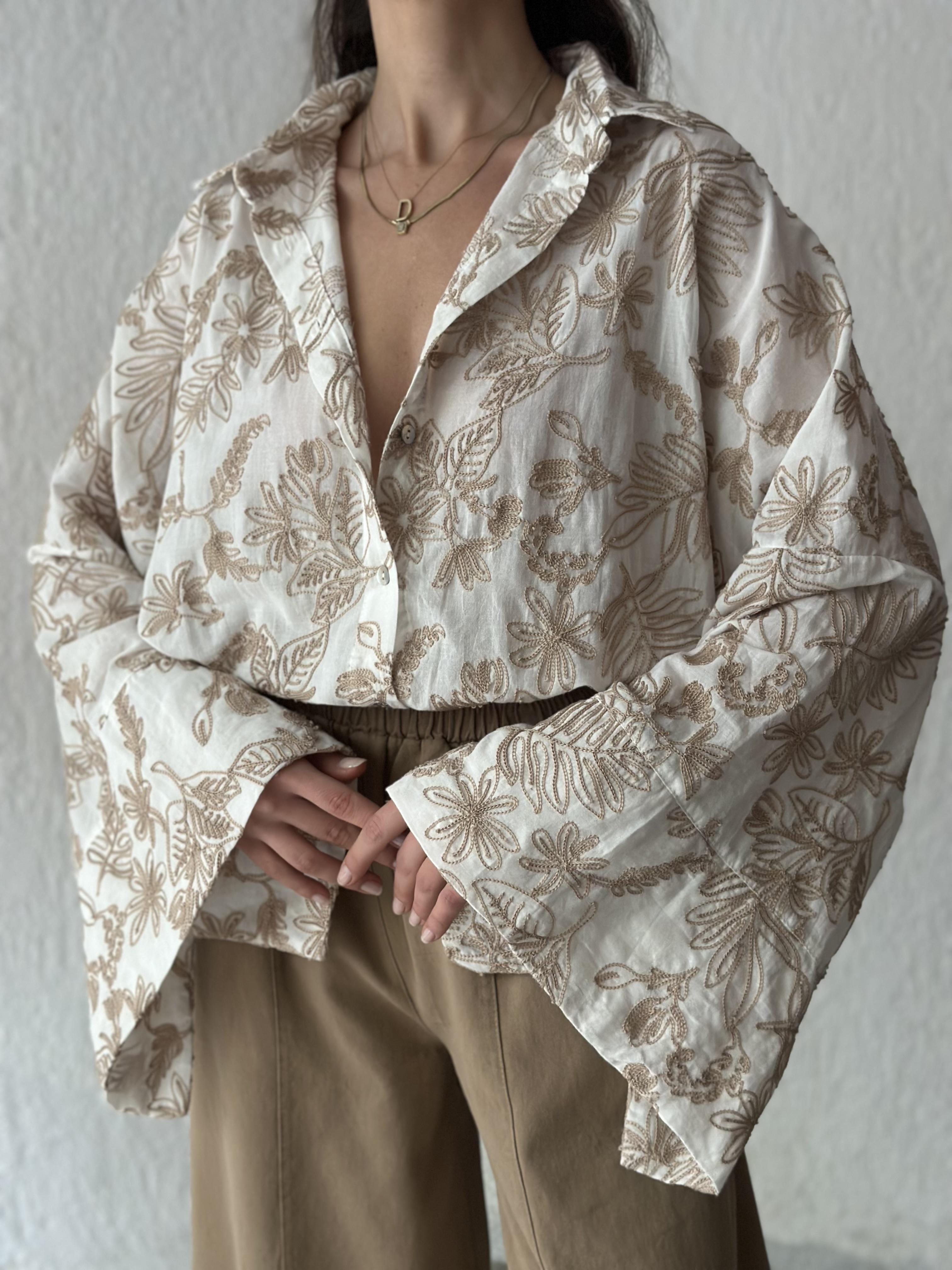 Nakışlı Oversize Gömlek & Ceket - Camel