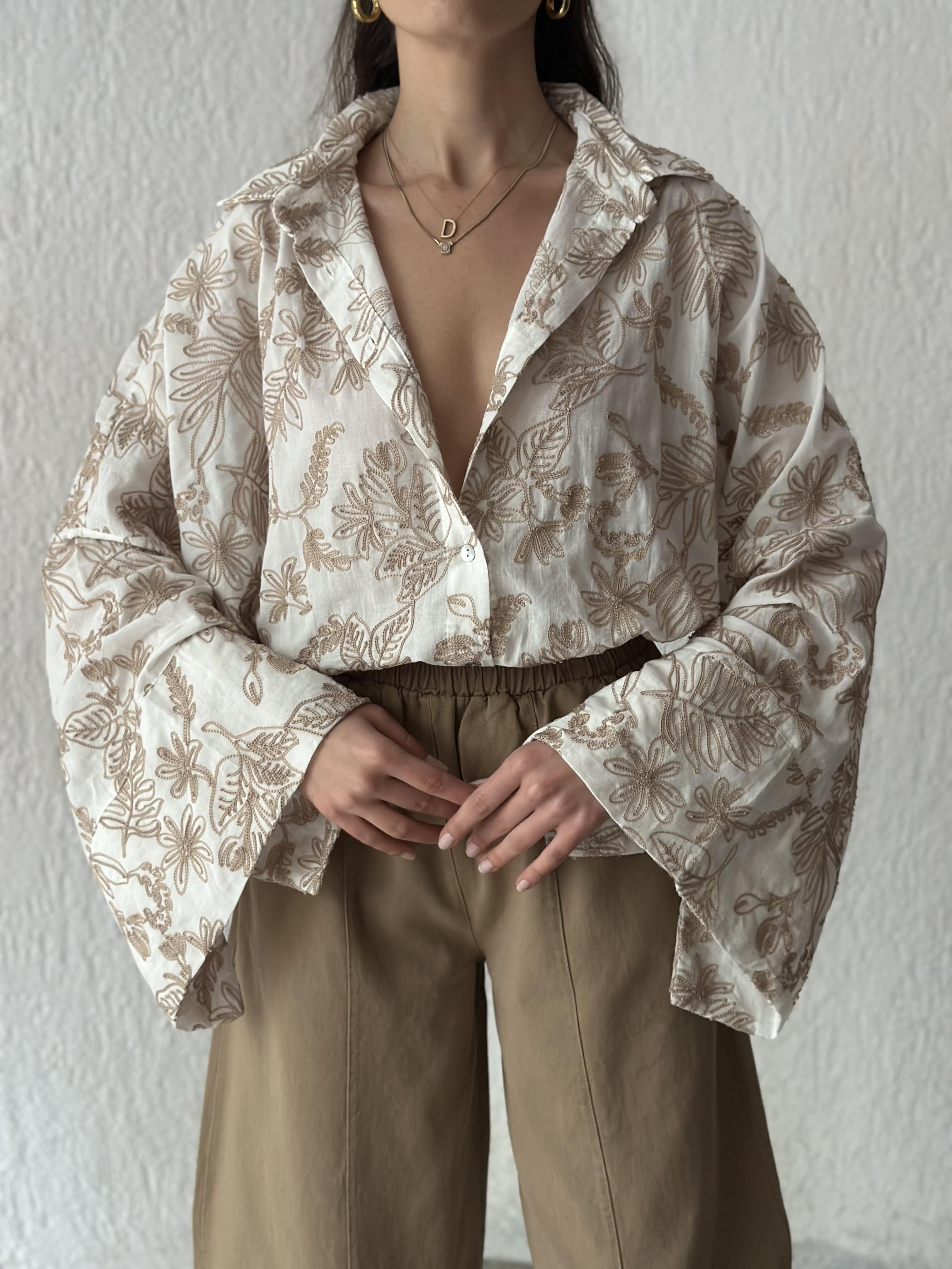 Nakışlı Oversize Gömlek & Ceket - Camel