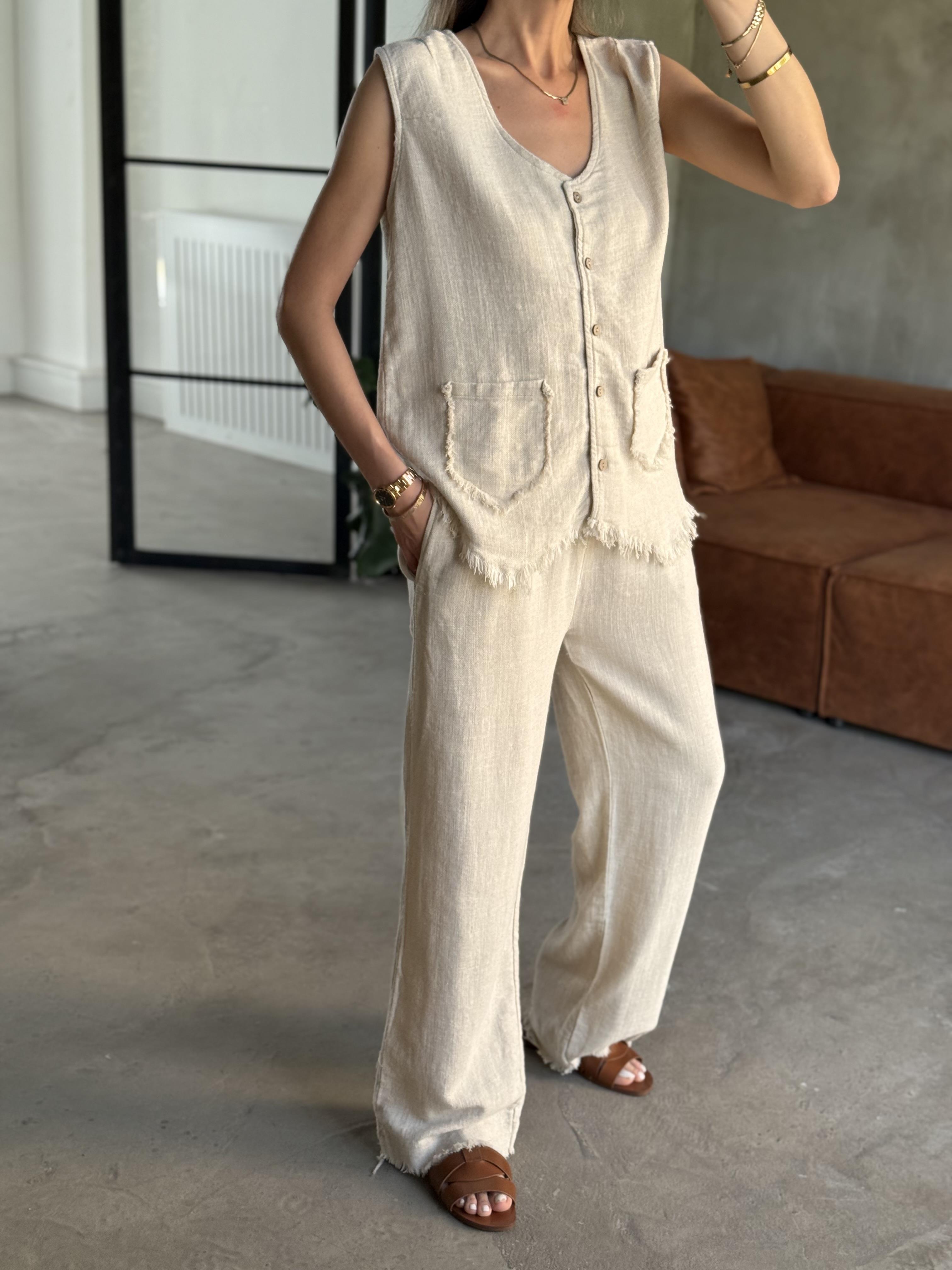 Natural Keten Yelek Pantolon Takım