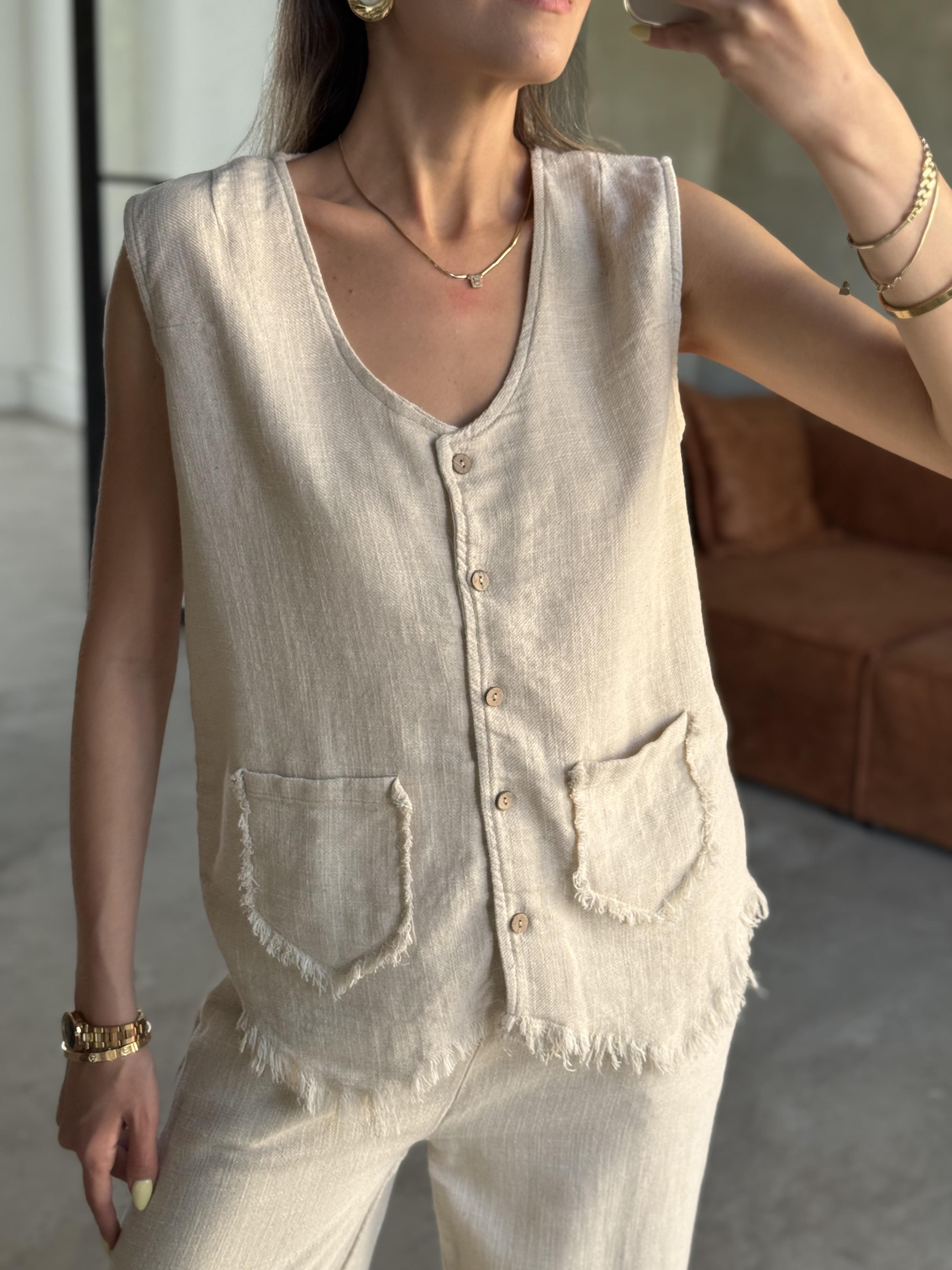 Natural Keten Yelek Pantolon Takım
