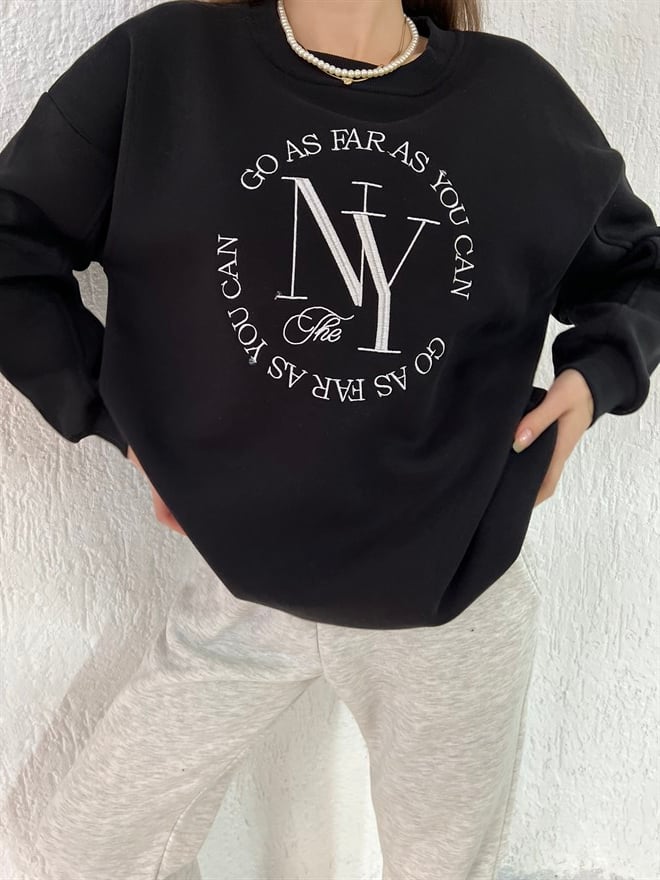 NY Nakışlı Oversize Sweatshirt - Siyah