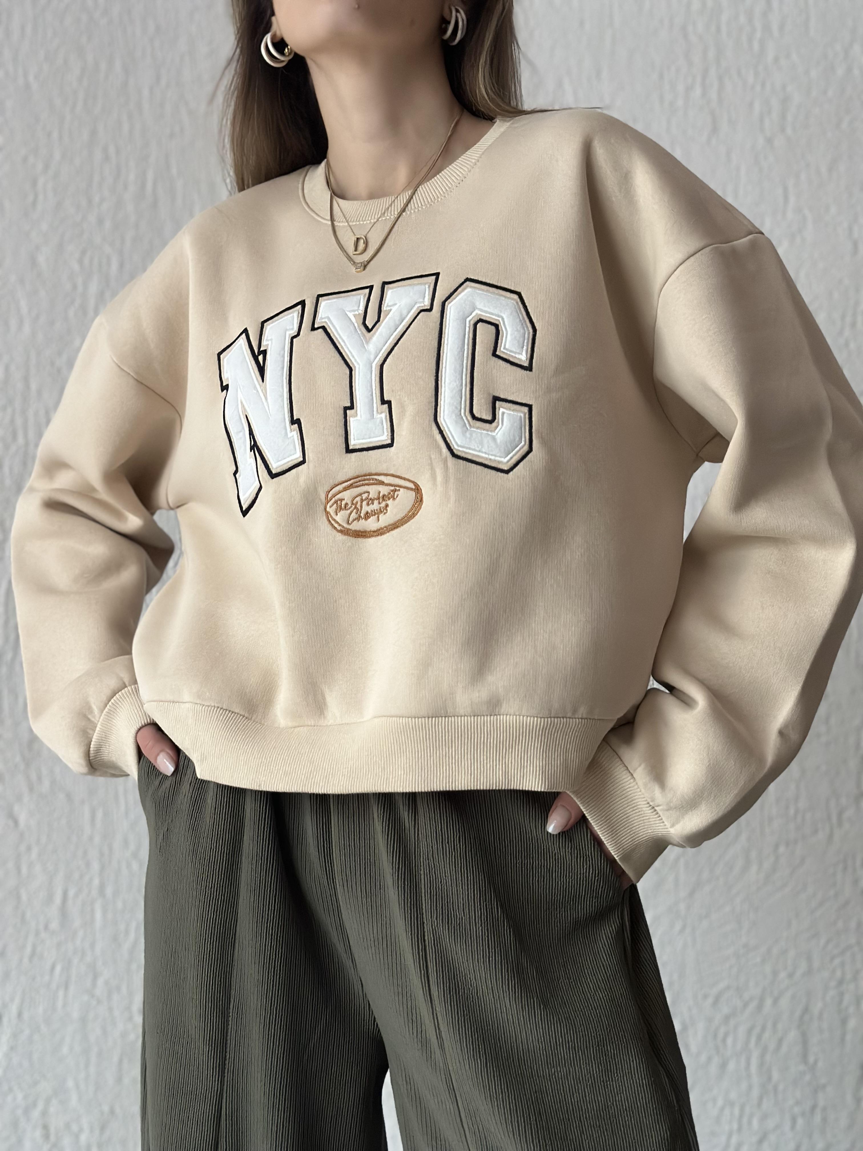 NYC Nakışlı Sweatshirt - Krem