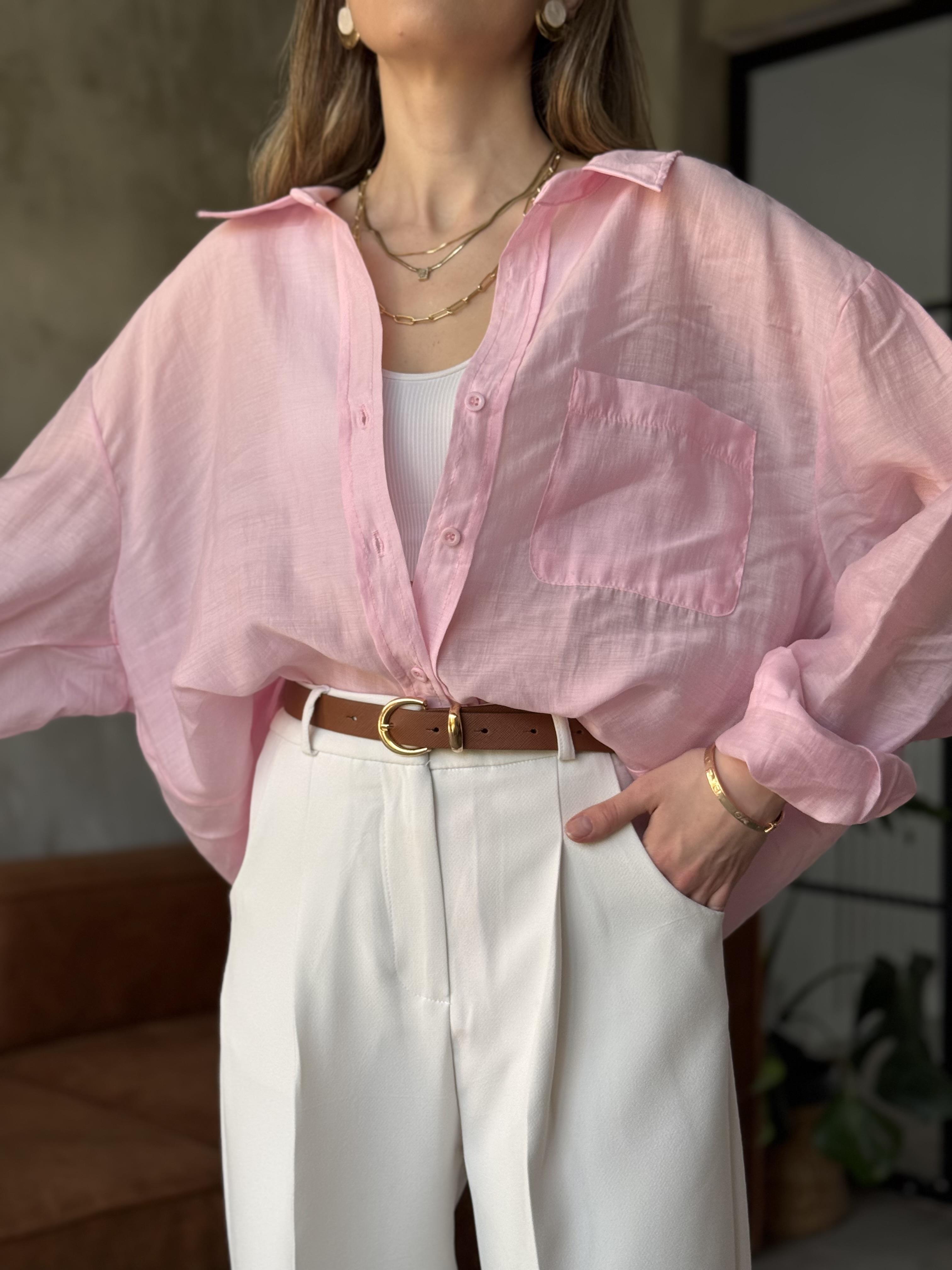 Oli Oversize Tencel Gömlek - Pembe