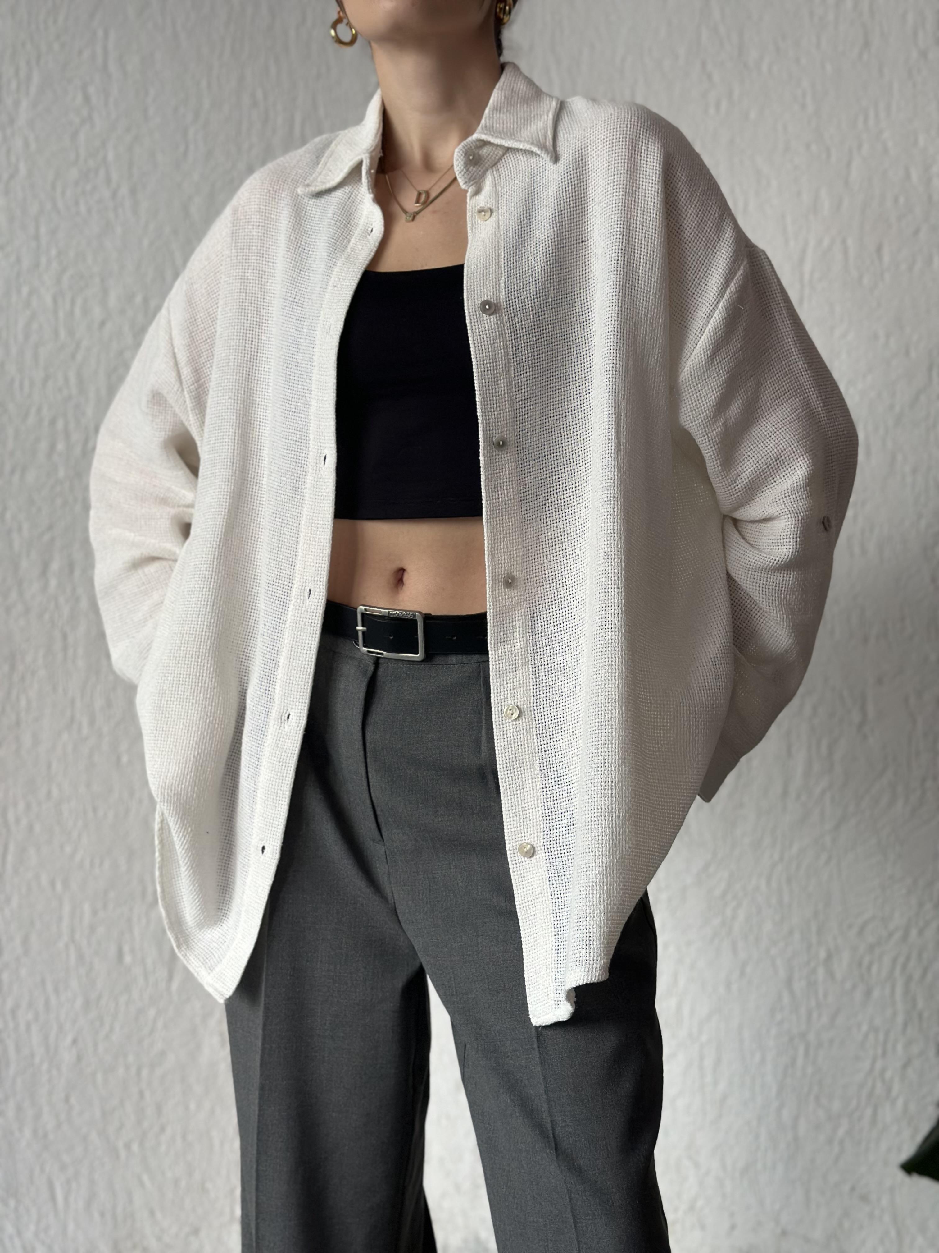 Oversize Basic Keten Gömlek - Beyaz