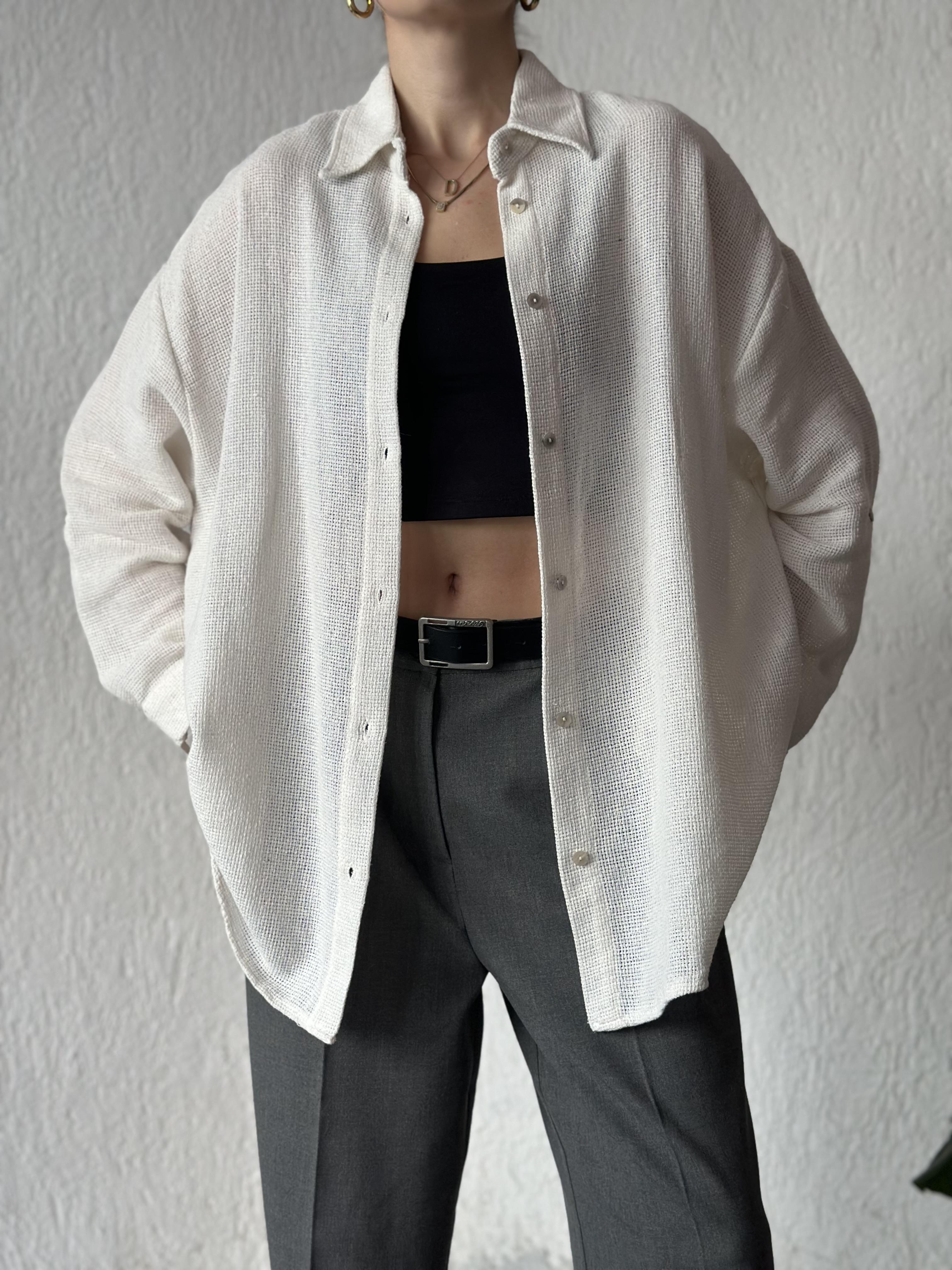 Oversize Basic Keten Gömlek - Beyaz