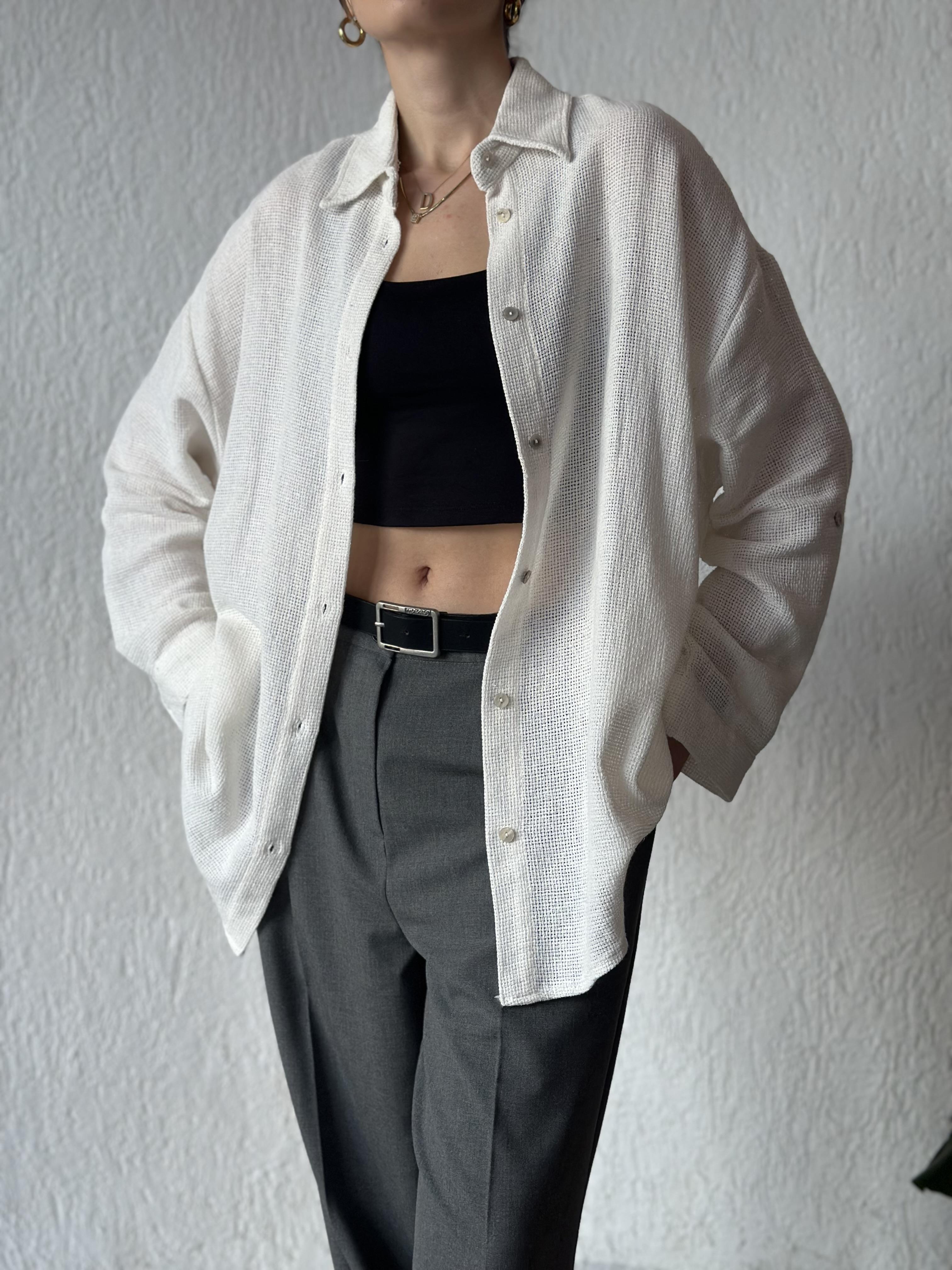 Oversize Basic Keten Gömlek - Beyaz