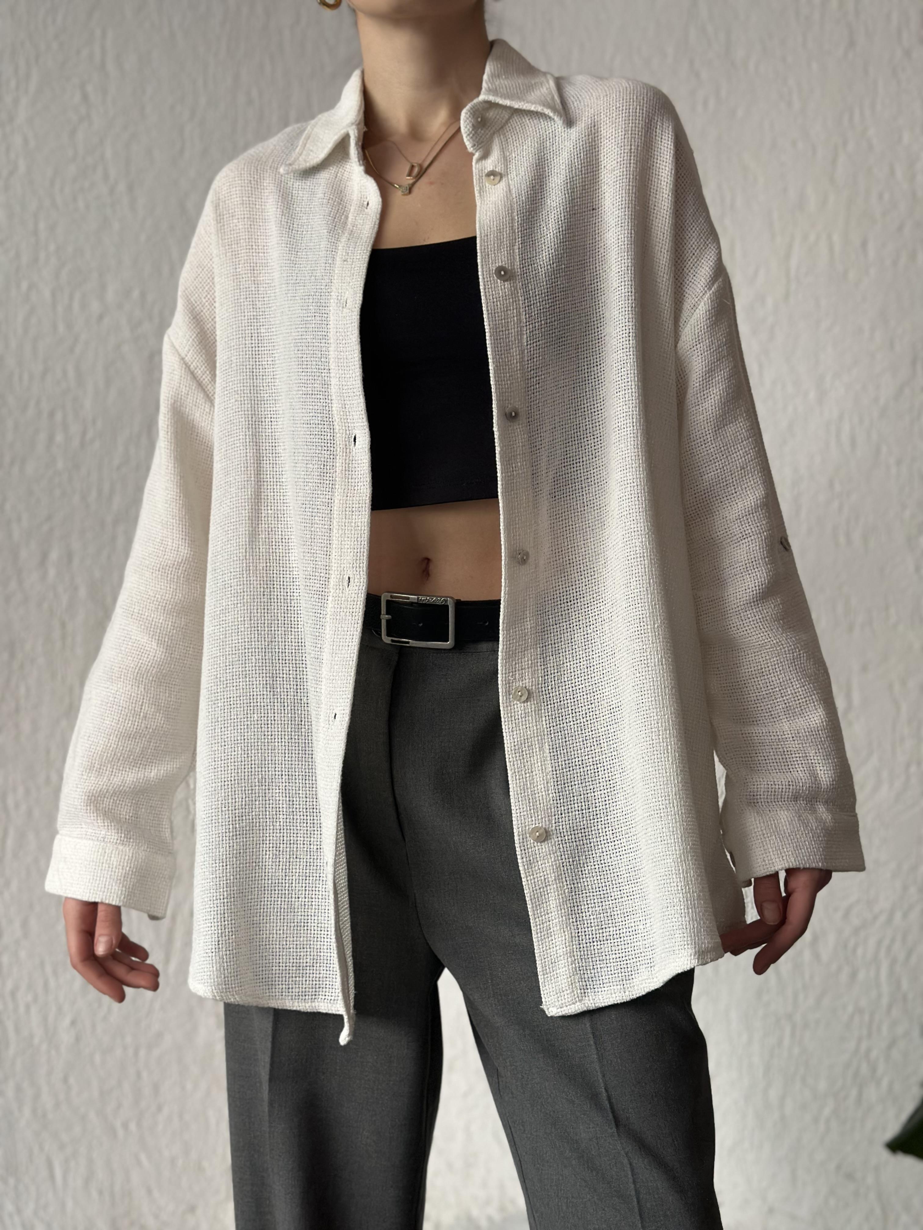 Oversize Basic Keten Gömlek - Beyaz