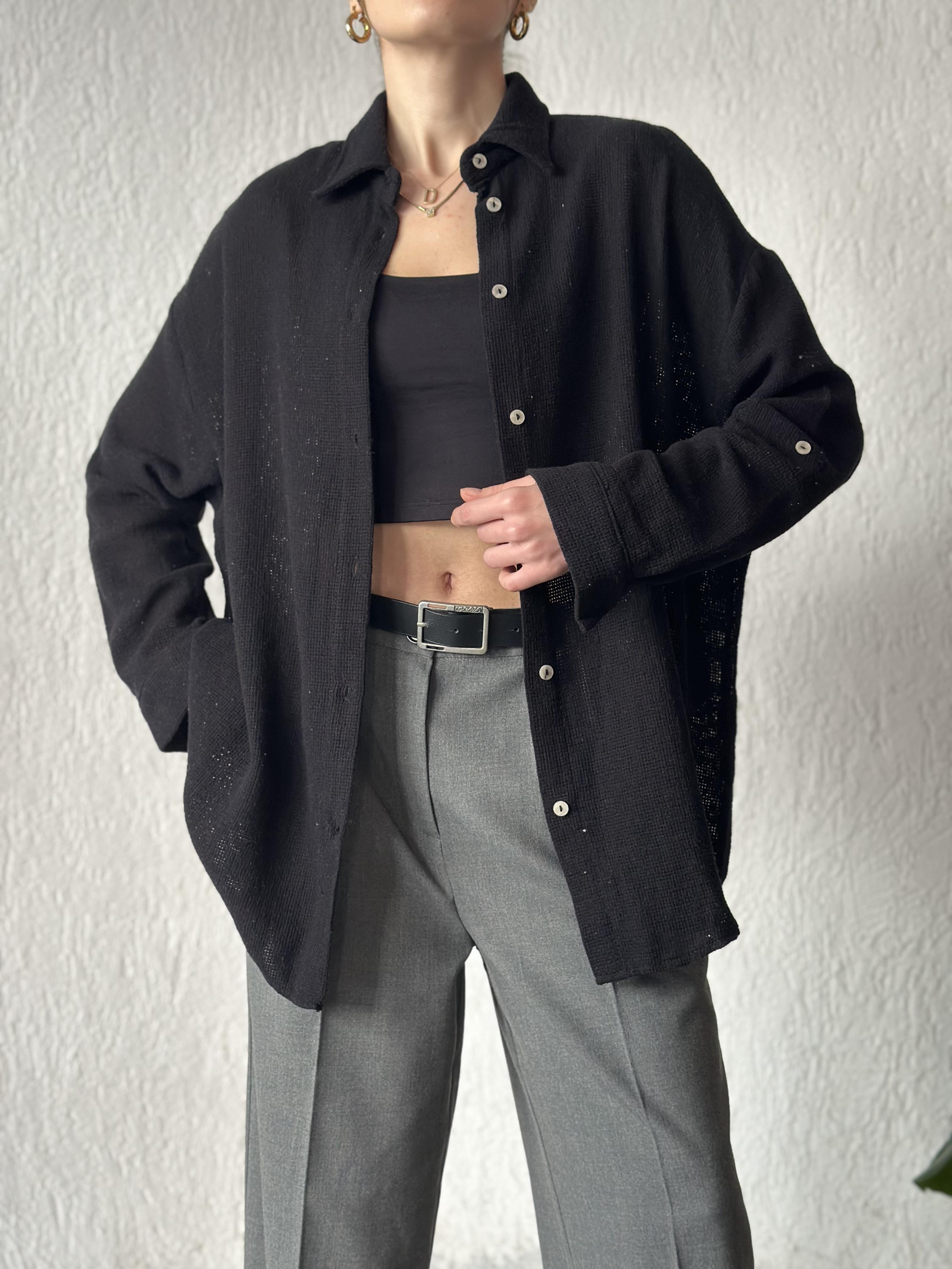 Oversize Basic Keten Gömlek - Siyah