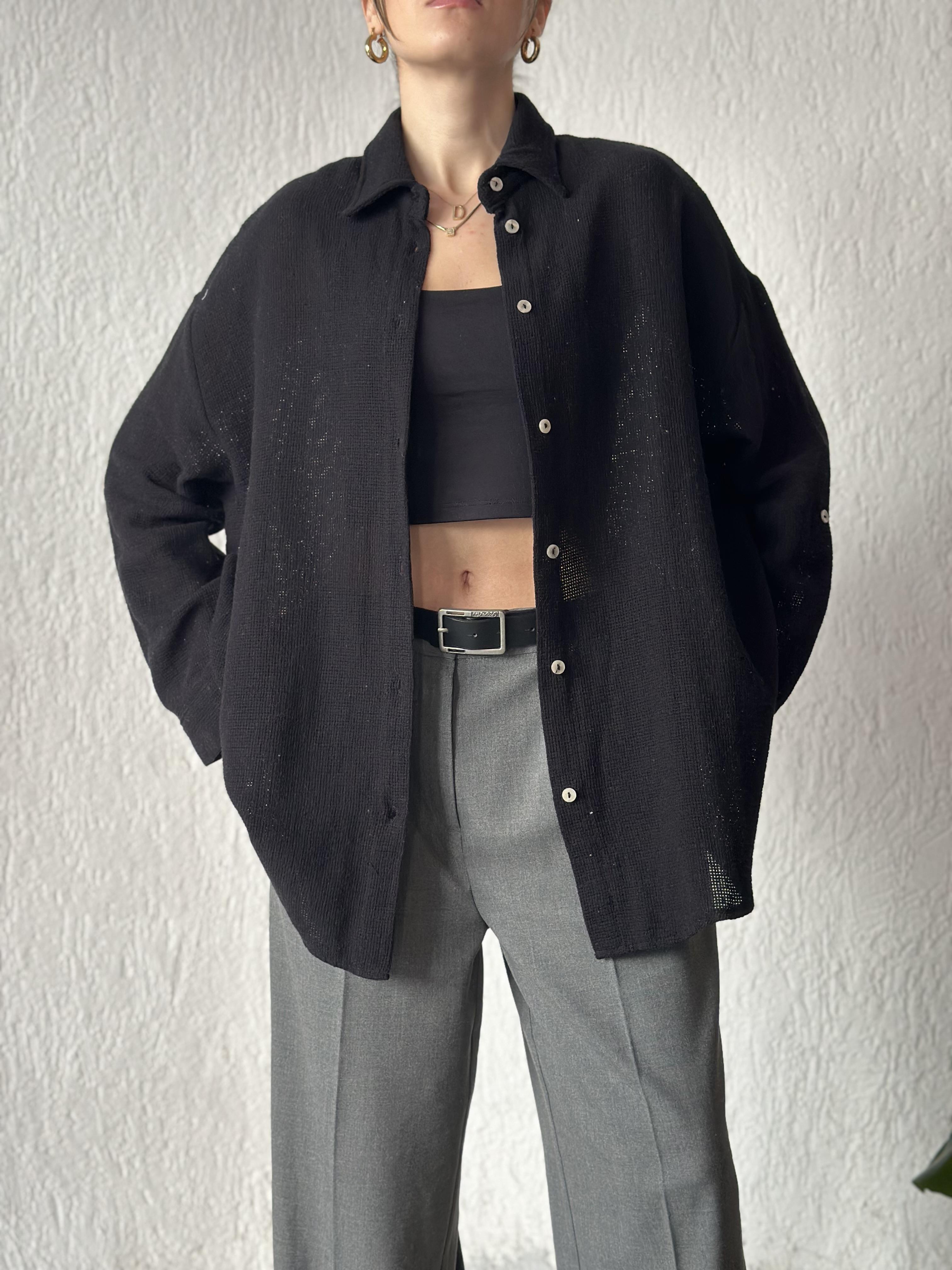 Oversize Basic Keten Gömlek - Siyah