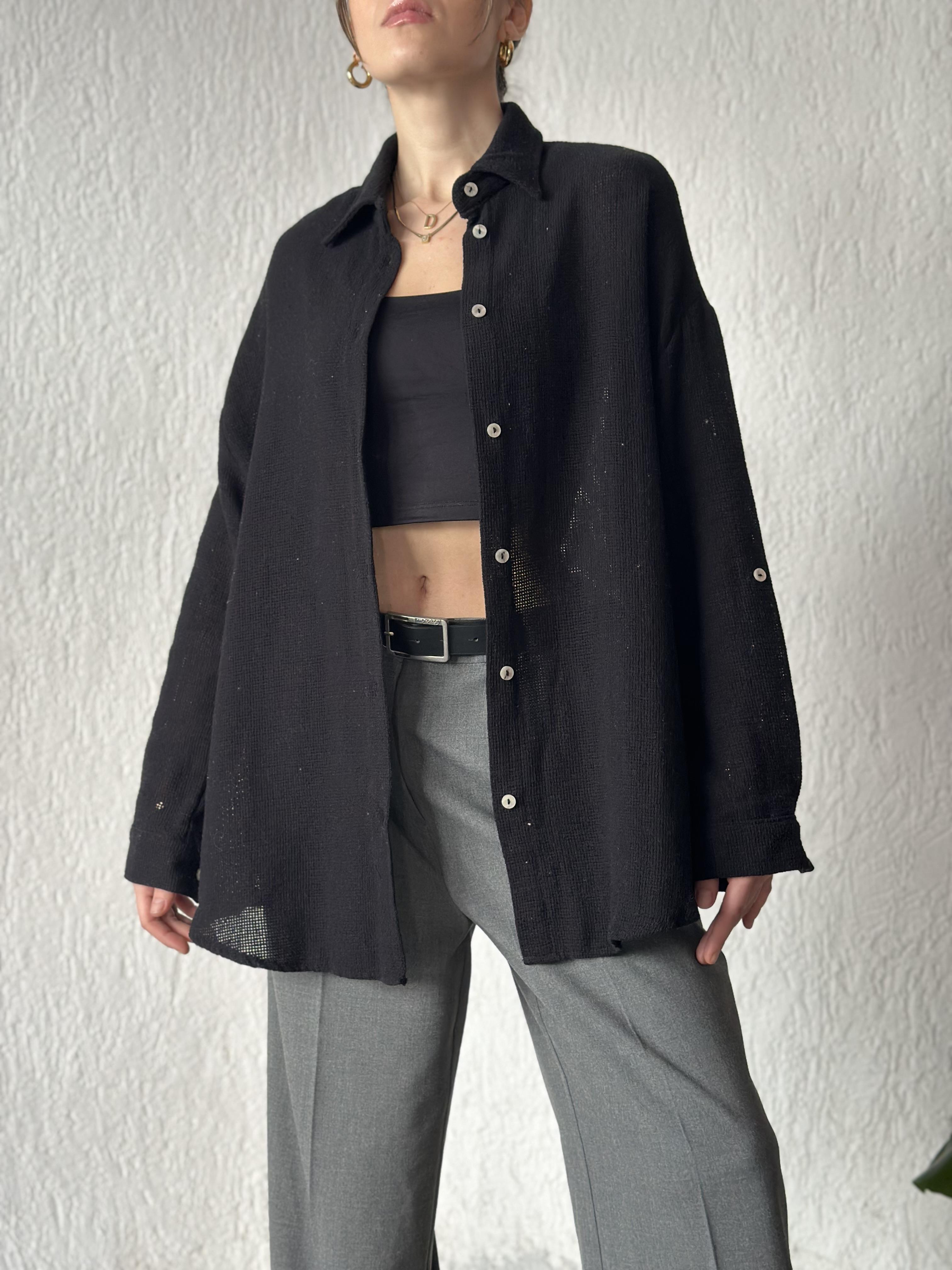 Oversize Basic Keten Gömlek - Siyah
