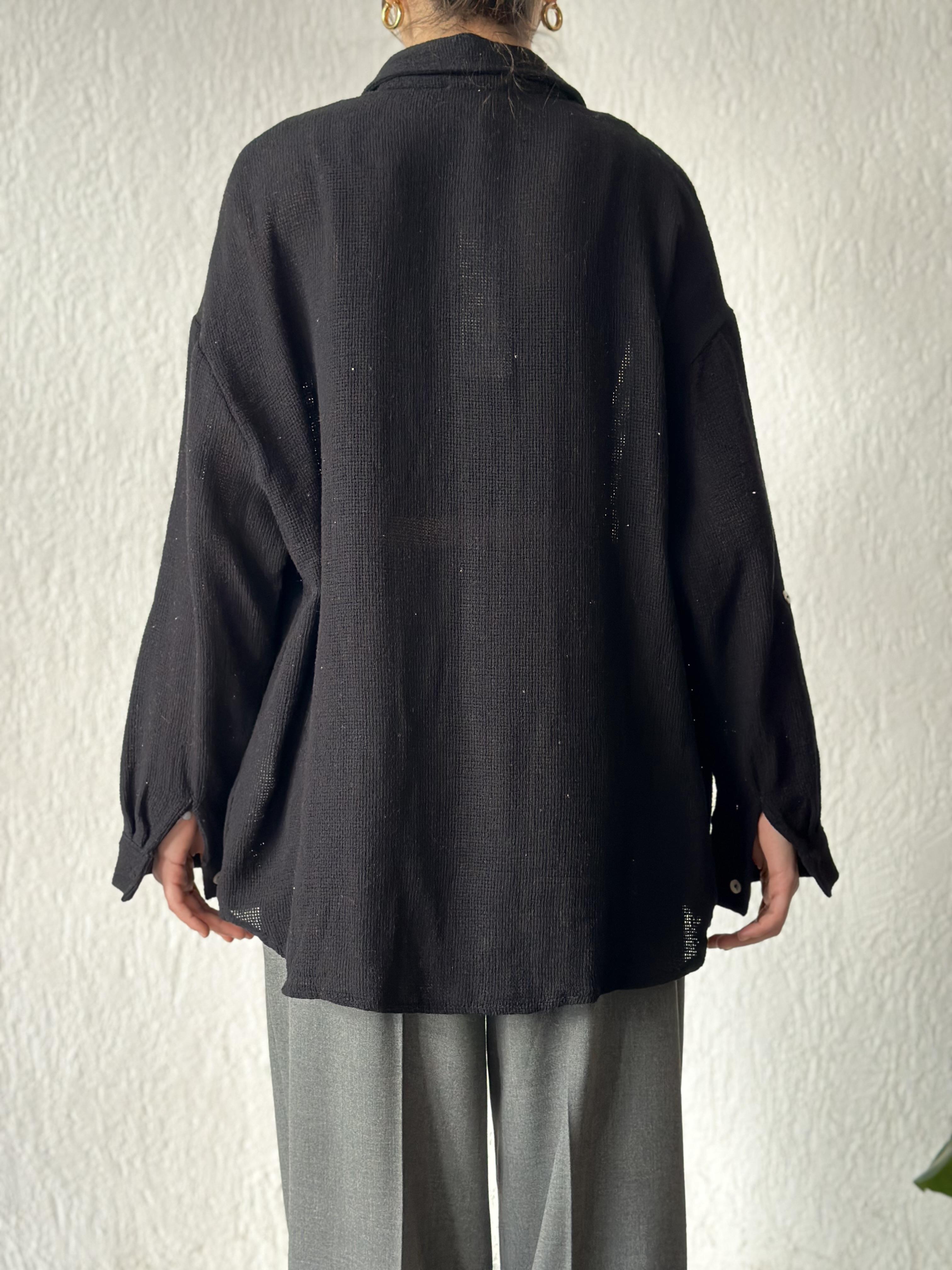Oversize Basic Keten Gömlek - Siyah