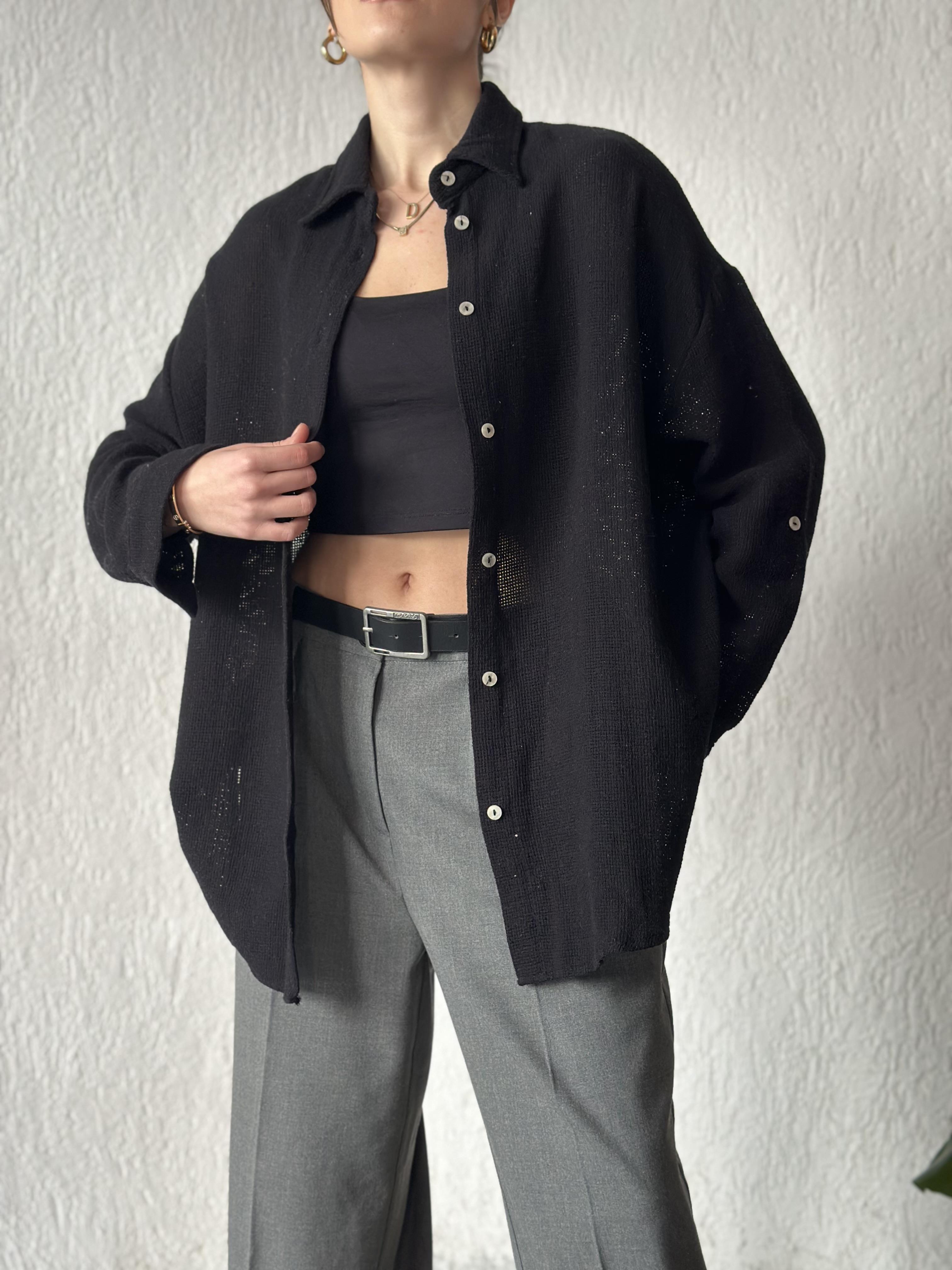 Oversize Basic Keten Gömlek - Siyah